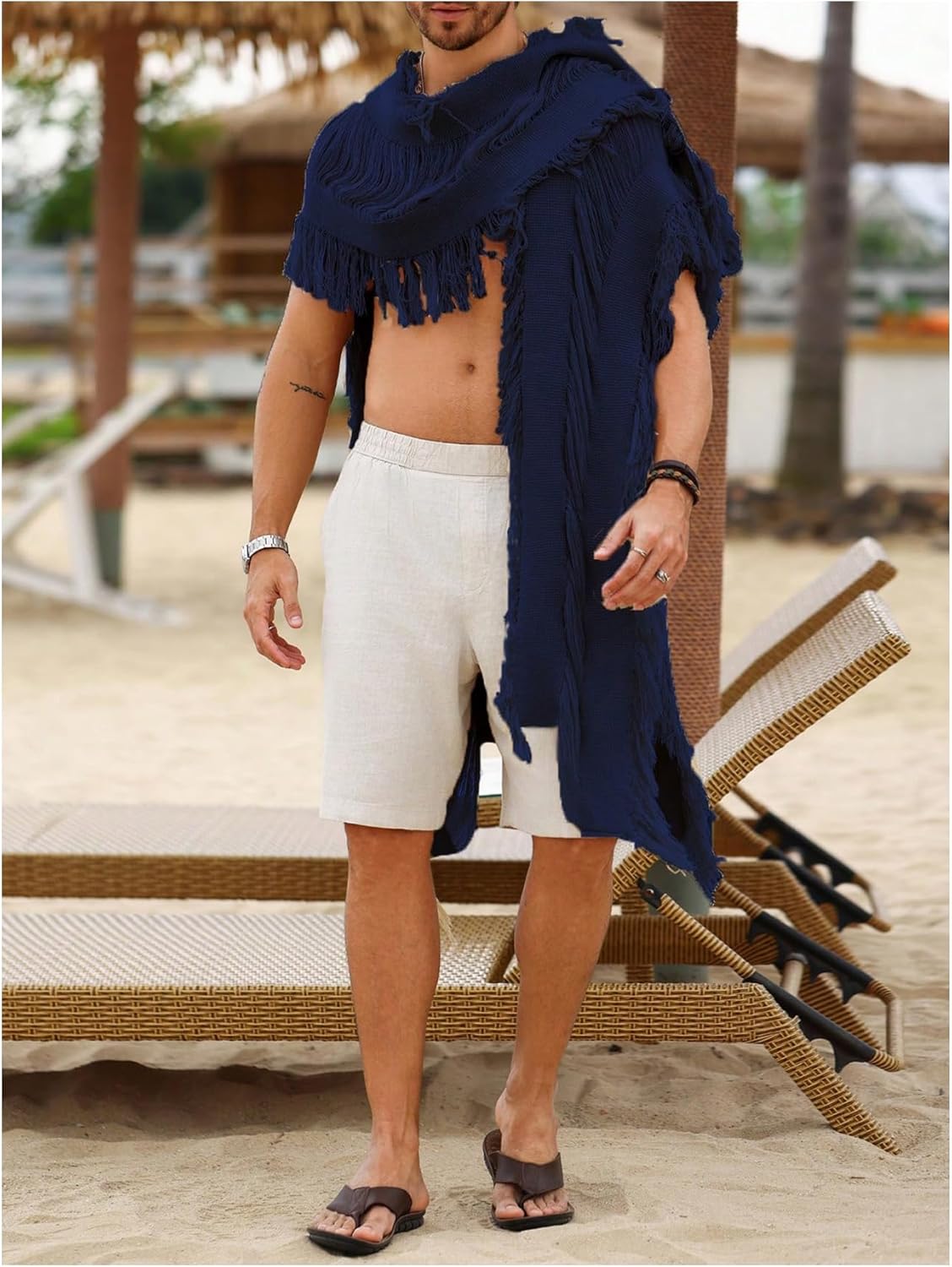 Verdusa Men's Knit Poncho Fringe Loose Cardigan Cape Knit Shawl Wrap Beach Vacation Outfits - Image 3