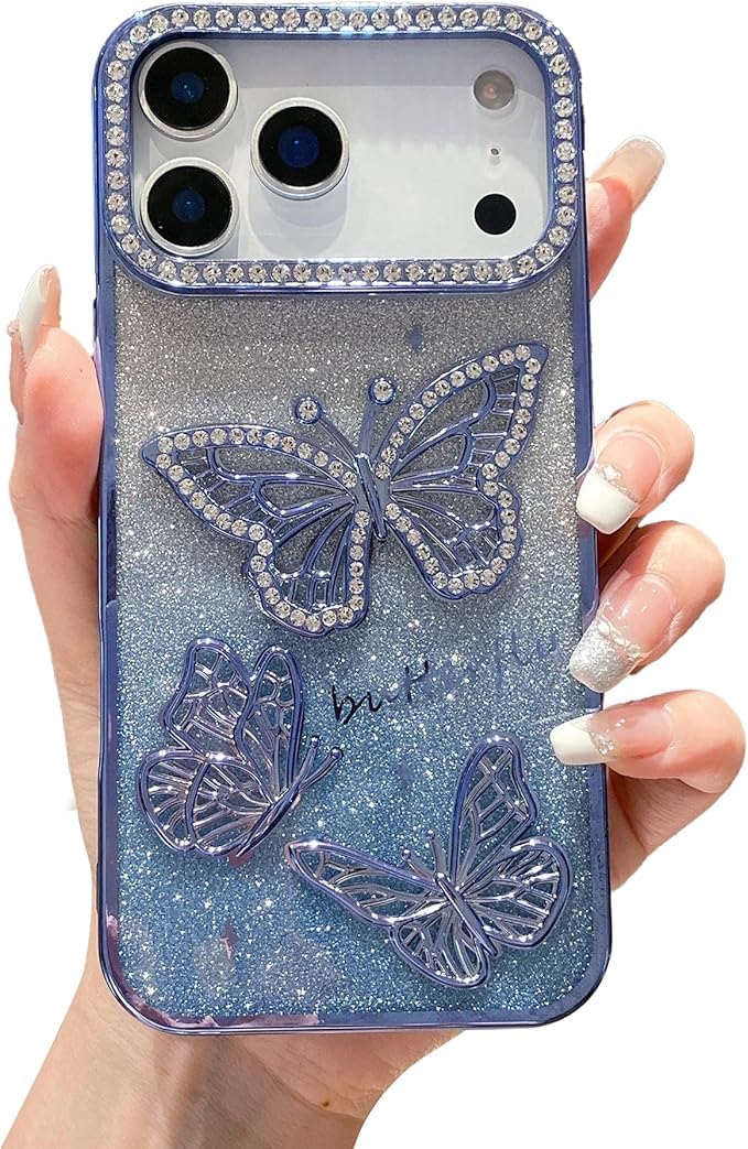 elzzi newest electroplated butterfly phone cover for iphone 17 pro case, showcasing pearlescent diamond soft tpu, camera protection, shockproof, dropresistant stylish for girls & women (blue)