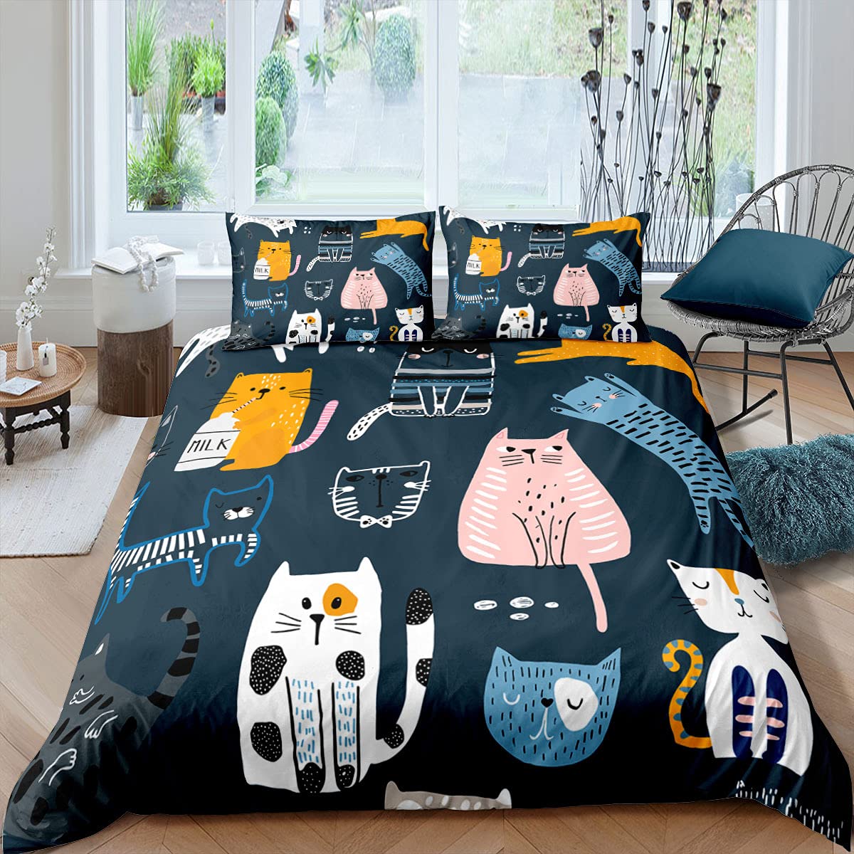 Juego de Funda Nórdica de Animales Lindo Gato Cat Azul Gris Beige Jardín Gatito Niña Juego de Cama Microfibra Niños Funda de edredón y Funda de Almohada (Color1, 180x210 cm,Cama 105 cm)