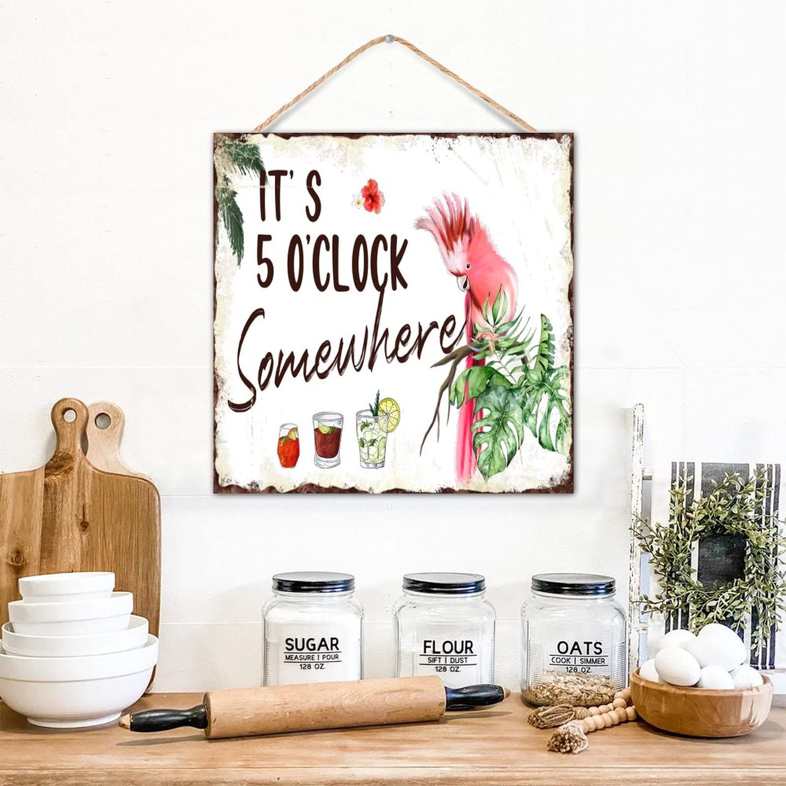 Plaque murale décorative en bois It's 5 O'Clock Somewhere rustique 30x30 cm