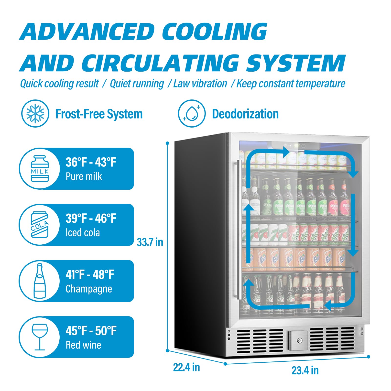 Erivess 24 Inch Beverage Refrigerator, Under Counter Small Refrigerator, 166 Can/5.3 Cubic Large Fridge With Glass Front Door For Soda Wine Beer, Adjustable Temperature Control For Home Office(Silver) on Fridge.com - View 4