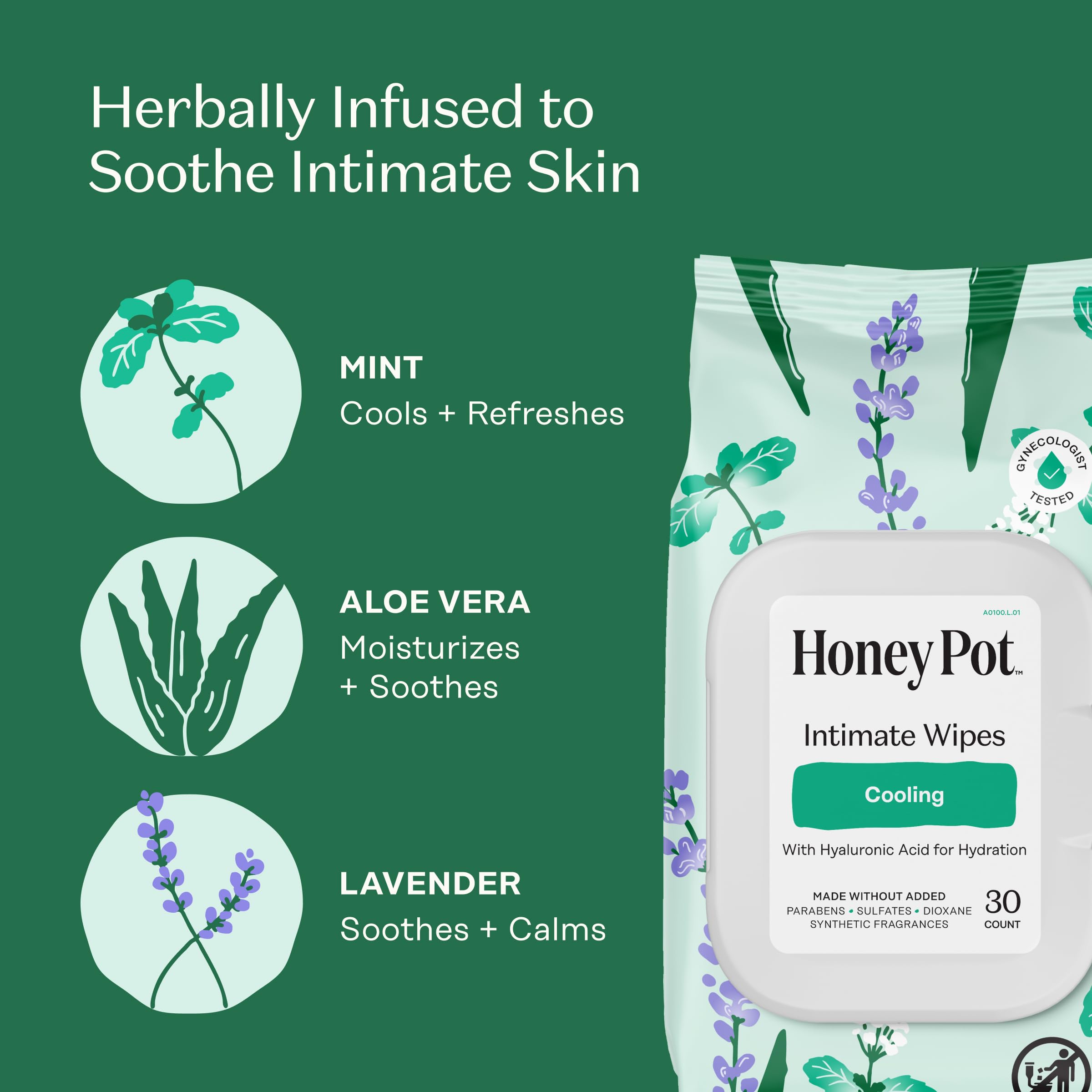 Honey Pot - Feminine Wipes - Daily PH Balancing, Fragrance & Sulfate Free Wipes for Intimate Parts, Body, or Face - Hygiene Products - Cooling 30 ct