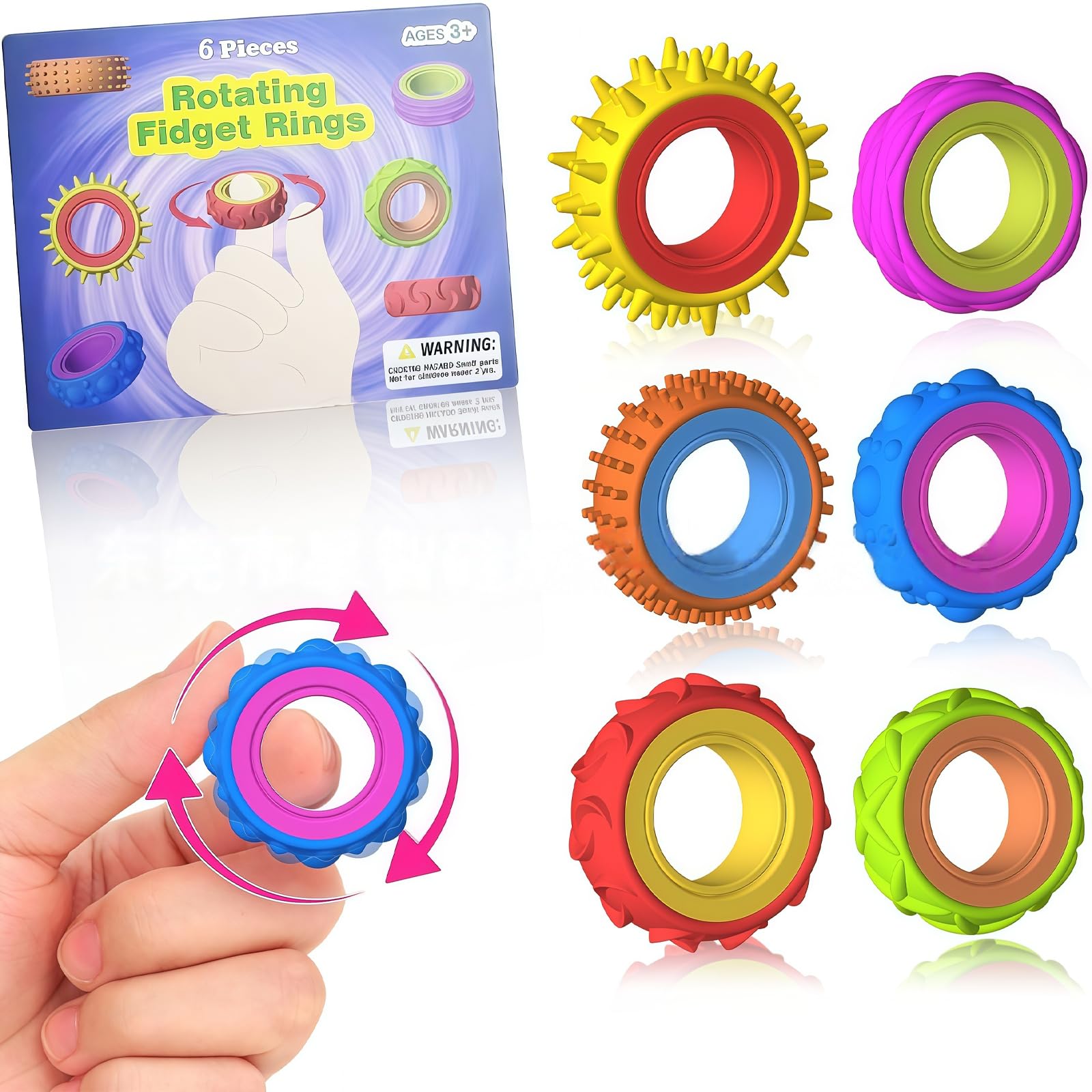 Rotating Fidget Sensory Rings, 6-Pack Quiet Textured Spinner Finger Toys for Kids & Adults