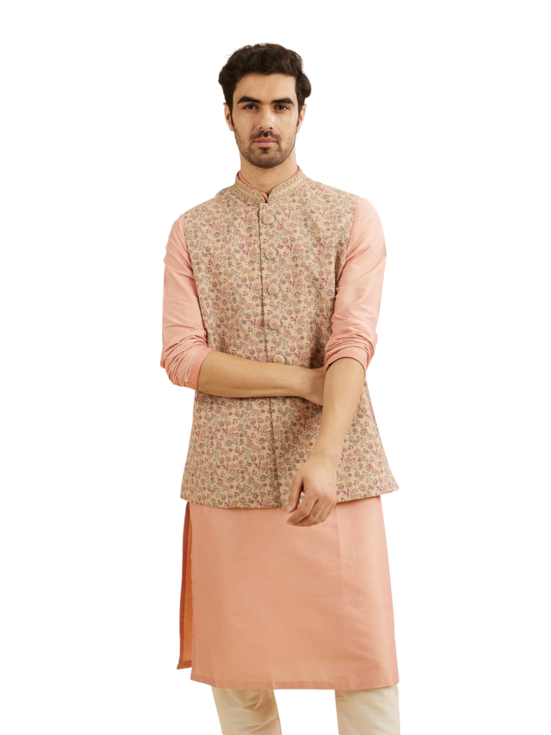 manyavar Men's Cotton Blend Floral Patterned Nehru Jacket (1pc)-picture-31