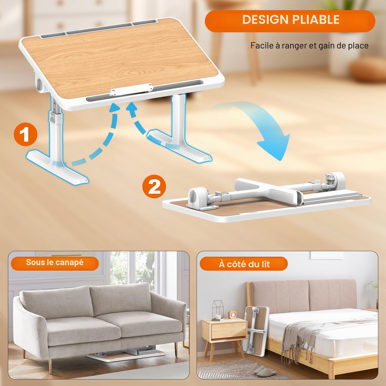 Huracan Plateau de Lits Pliable, Table Lit pour Ordinateur Portable, Réglable en Hauteur et Angle, Inclinable Support pc Portable Lit avec Tiroir/Lampe LED, Table pour Canapé/Sol (60x34cm, Noyer)