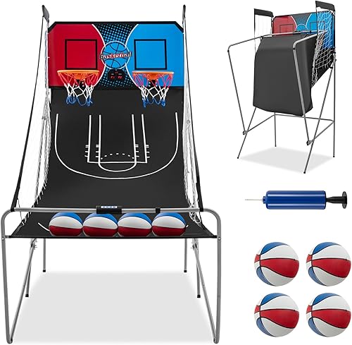 GYMAX Juego de baloncesto para interiores, juego de baloncesto plegable con 8 modos de juego, sonido de arcade, 4 bolas y bomba de inflado, juegos