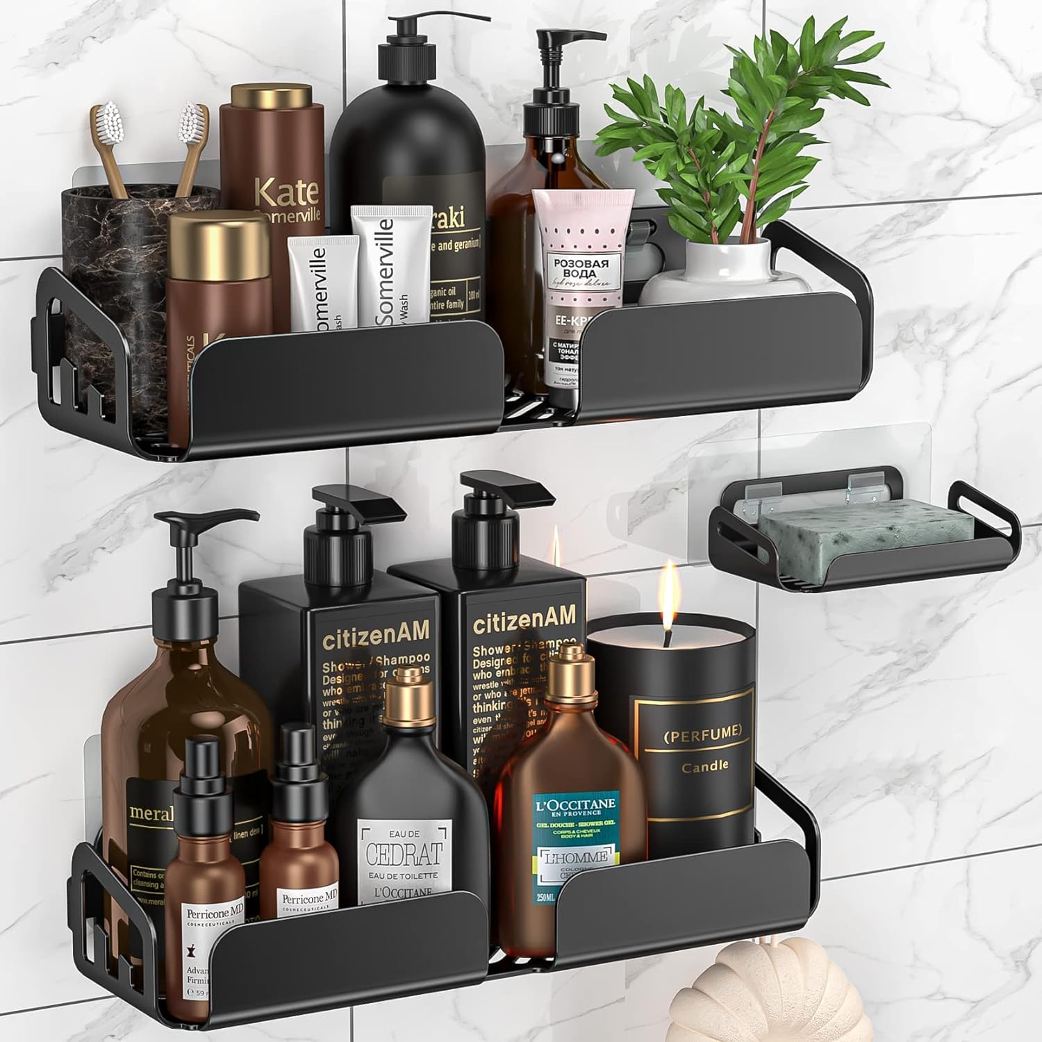Boniry Bathroom Shelf for Wall, Bathroom Organiser, Wall Mounted bathroom rack, Large Capacity Adhesive Bathroom Shelf 3-Pack Strong Adhesive Shower Caddy with Soap Holder Stainless Steel- Black (B0D7963G3T) Amazon Price History, Amazon Price Tracker