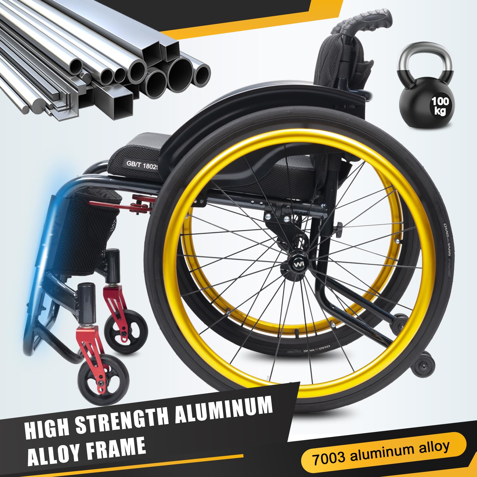 Sedia a rotelle sportiva leggera per tutti i terreni, sedia a rotelle in lega di alluminio, sedia a rotelle manuale semovente,Sedia a rotelle da transito,Freni a maniglia, Antiribaltamento(Seat width
