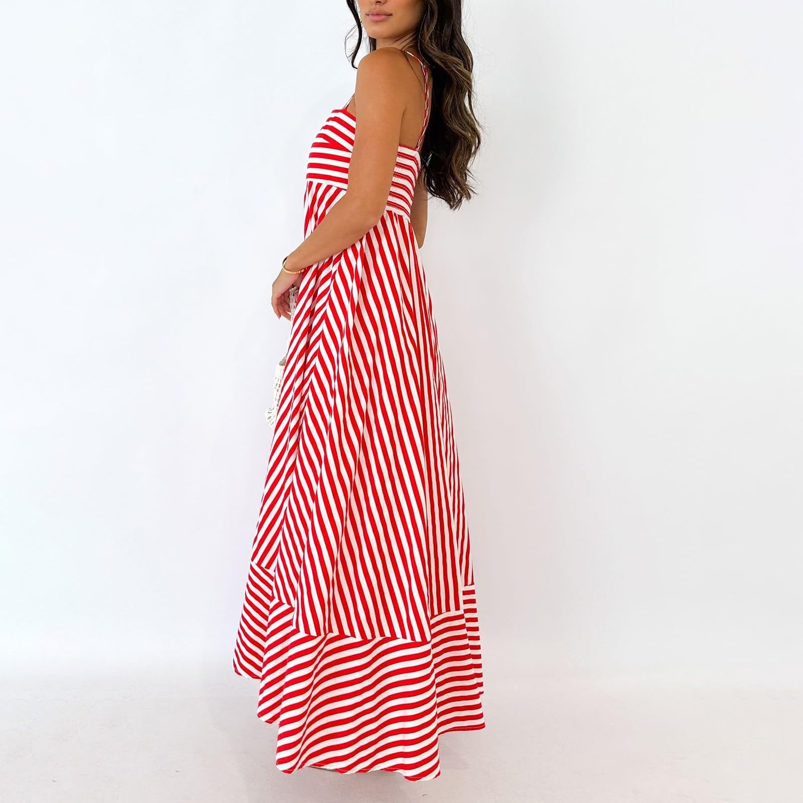 Robe de plage longue à rayures pour femme - Robe maxi simple et légère | Robe de loisirs à bretelles spaghetti, sans manches, à rayures verticales, robe de maison, robe à bretelles dénudées