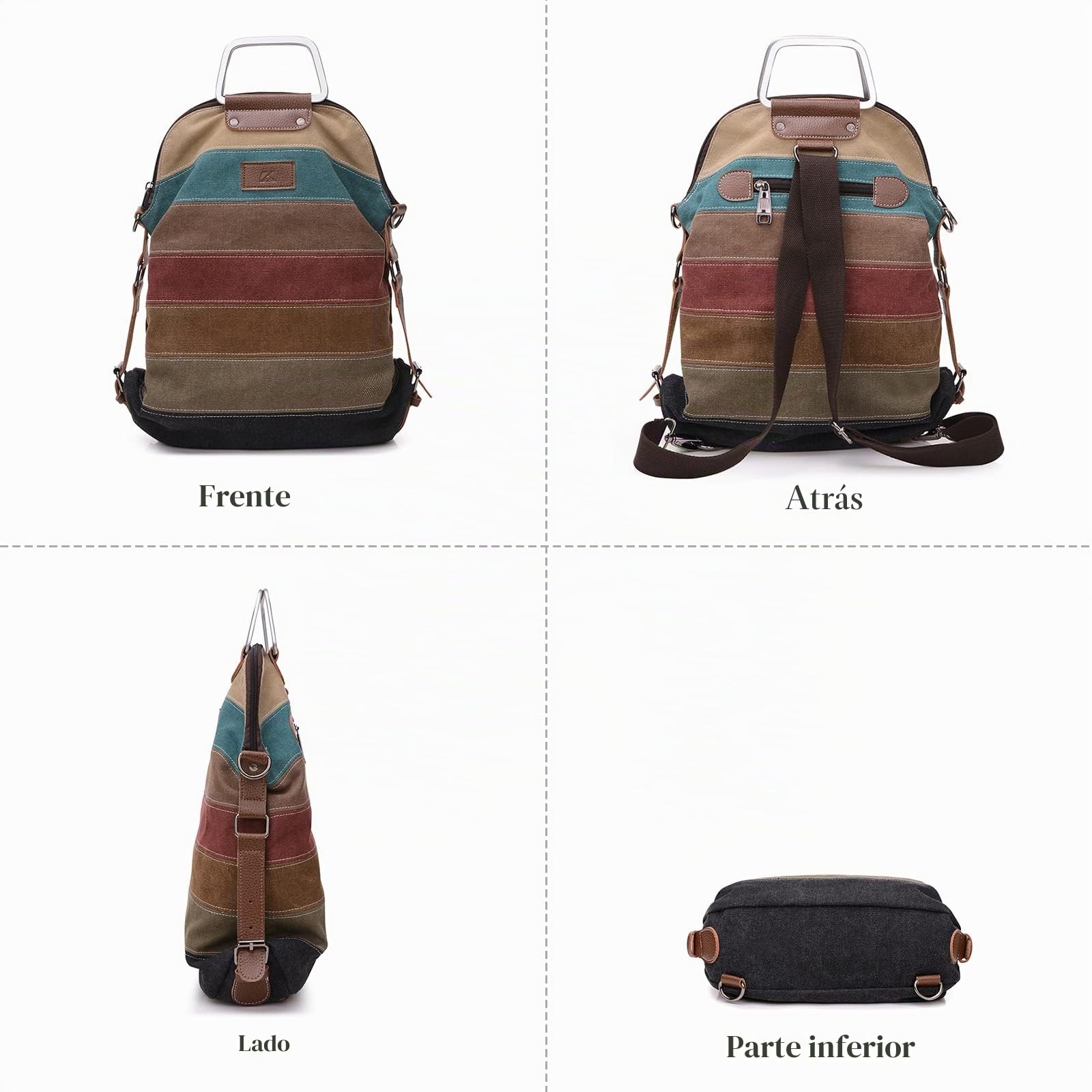 Casual Mochila Bolso Bandolera de Lona Multicolor Rayas Bolso de Hombro Señora Bolso de Mano para Viajes Escolares Trabajo Uso Diario Rojo