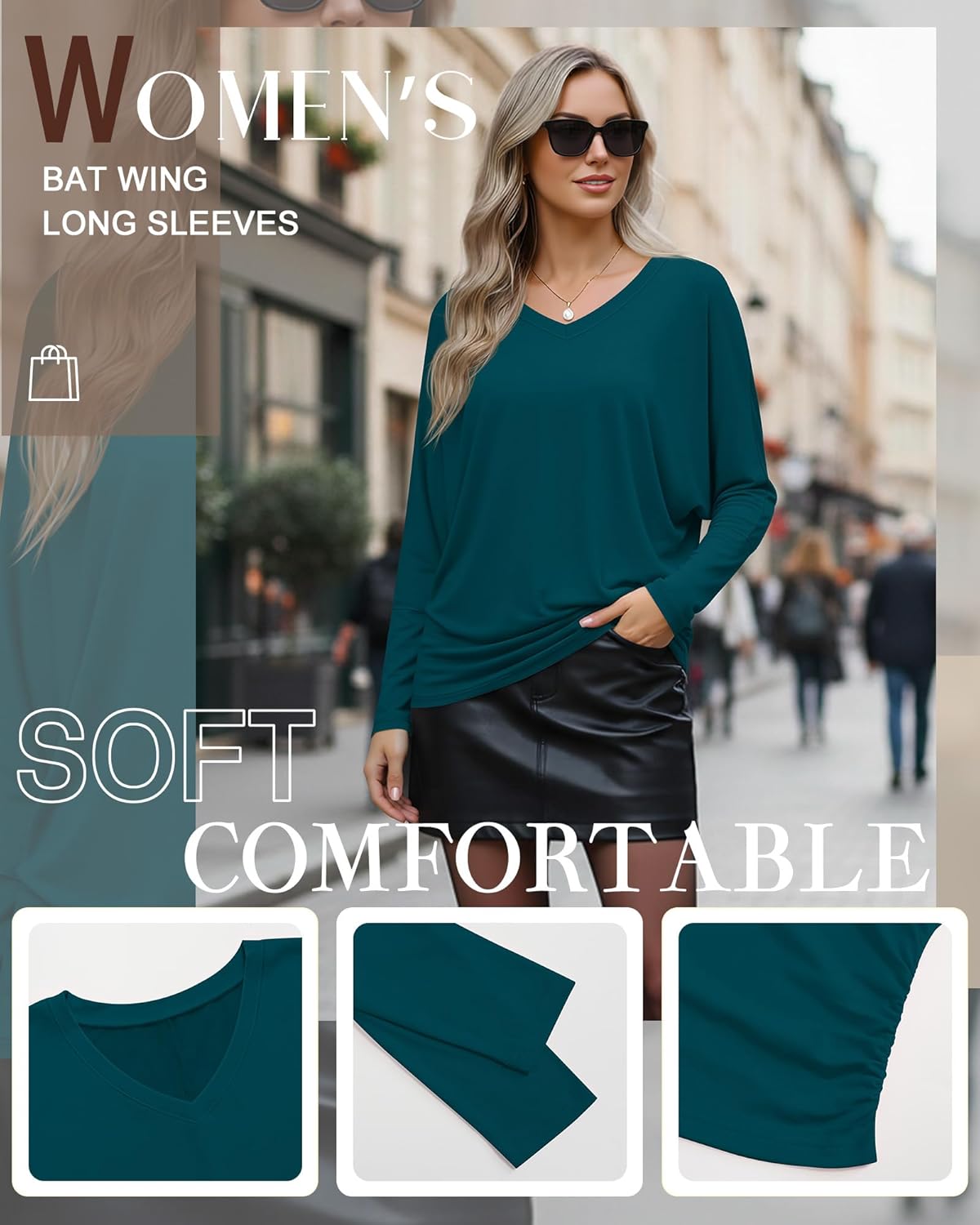 3 Pack Women's Dolman Long Sleeve Tops Casual Flowy Draped Side Ruched Shirts V Neck Lightweight Bat Wing Basic Tee - Image 5