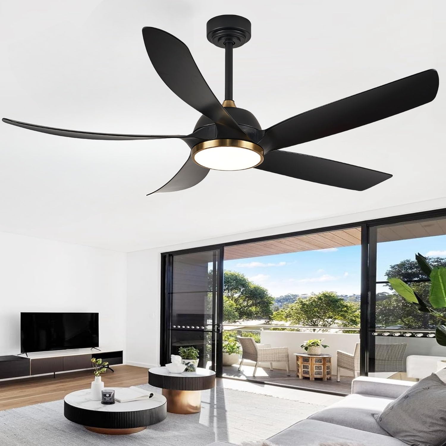 Photo 1 of 54 Inch Ceiling Fans with Lights, Black Modern Ceiling Fan with Remote Control 3 Colors Dimmable, 6 Speeds, Quiet Reversible Motor, Memory Function for Bedroom Kitchen Porch Patios?HY118?