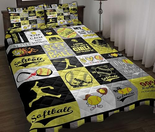 OhaPrints Keep Calm Softball Patrón Patchwork Amarillo Negro Softbol Chica Regalo Manta y Fundas de Almohada Juego de Ropa de Cama y Funda de