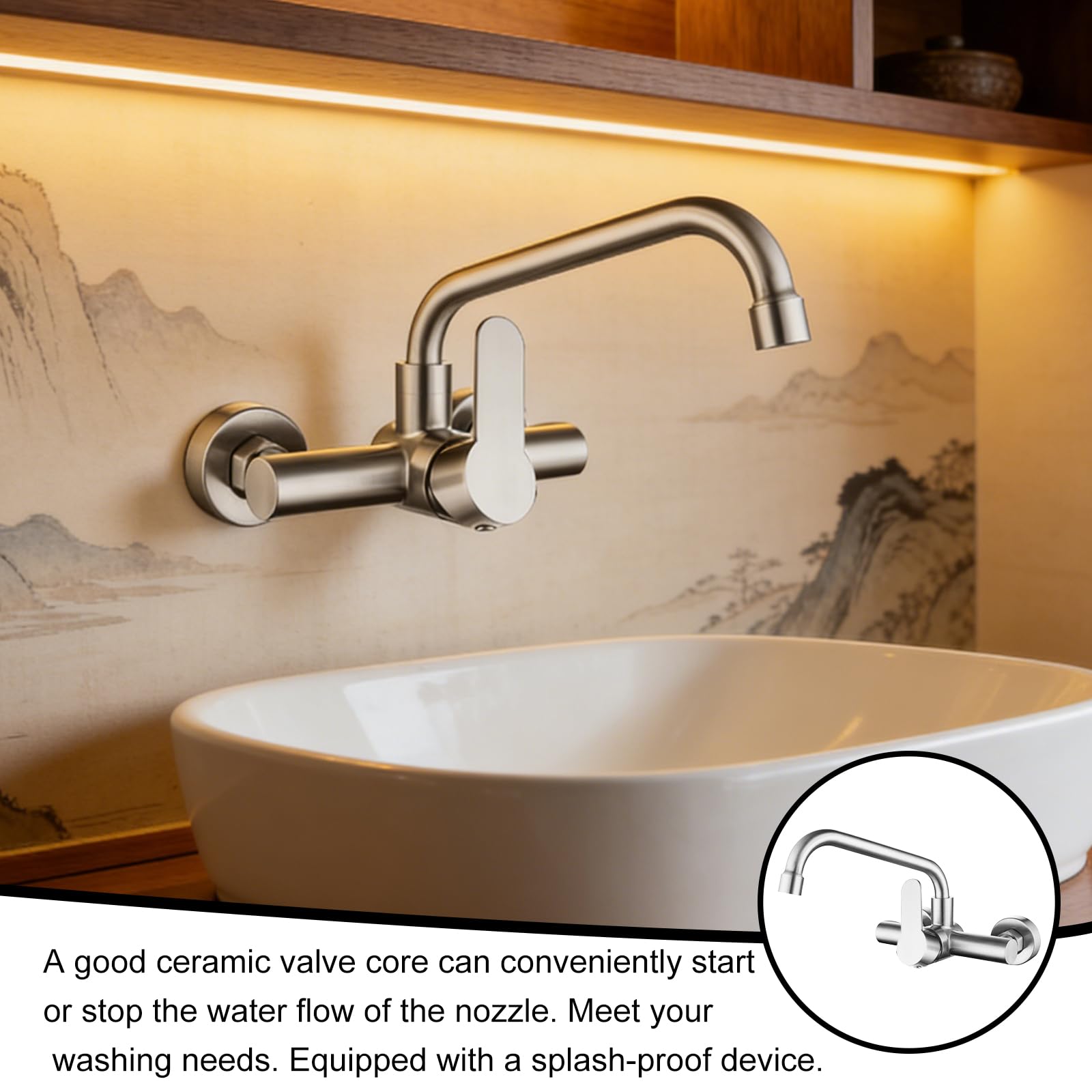 Grifo de cocina de montaje en pared, grifería de cocina, caño de pared giratorio 360°, grifo mezclador de acero inoxidable para fregadero, baño, mate