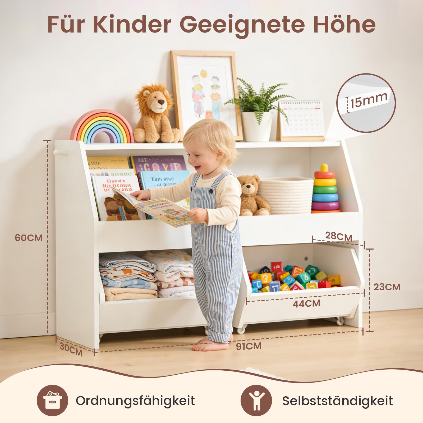 Kinderregal mit Boxen auf Rollen, Spielzeug Aufbewahrung, Bücherregal Kinder, Spielzeugregal Möbel für Kinderzimmer, Regal weiß mit 2 Schubladen - 91x30 x60 cm