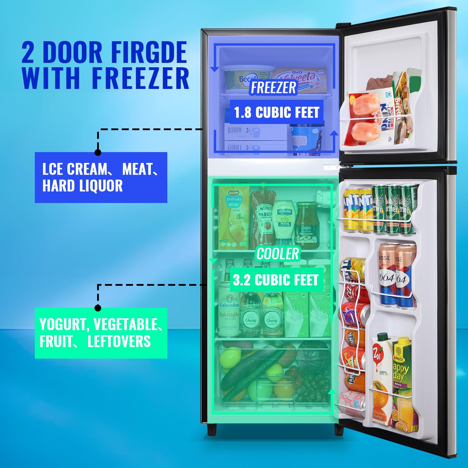 Tacool 5.0 Cu.Ft Mini Fridge Small Refrigerator With Drink Holder Double Door Refrigerator Adjustable Glass Shelves For Home,Apartment,Office Silver on Fridge.com - View 2