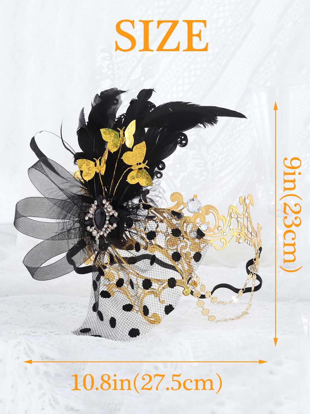 IYOU Women Masquerade Mask Gold Feather Ball Masks Venetian Prom Costume Mardi Gras Half Mask for Women, Black - Image 2