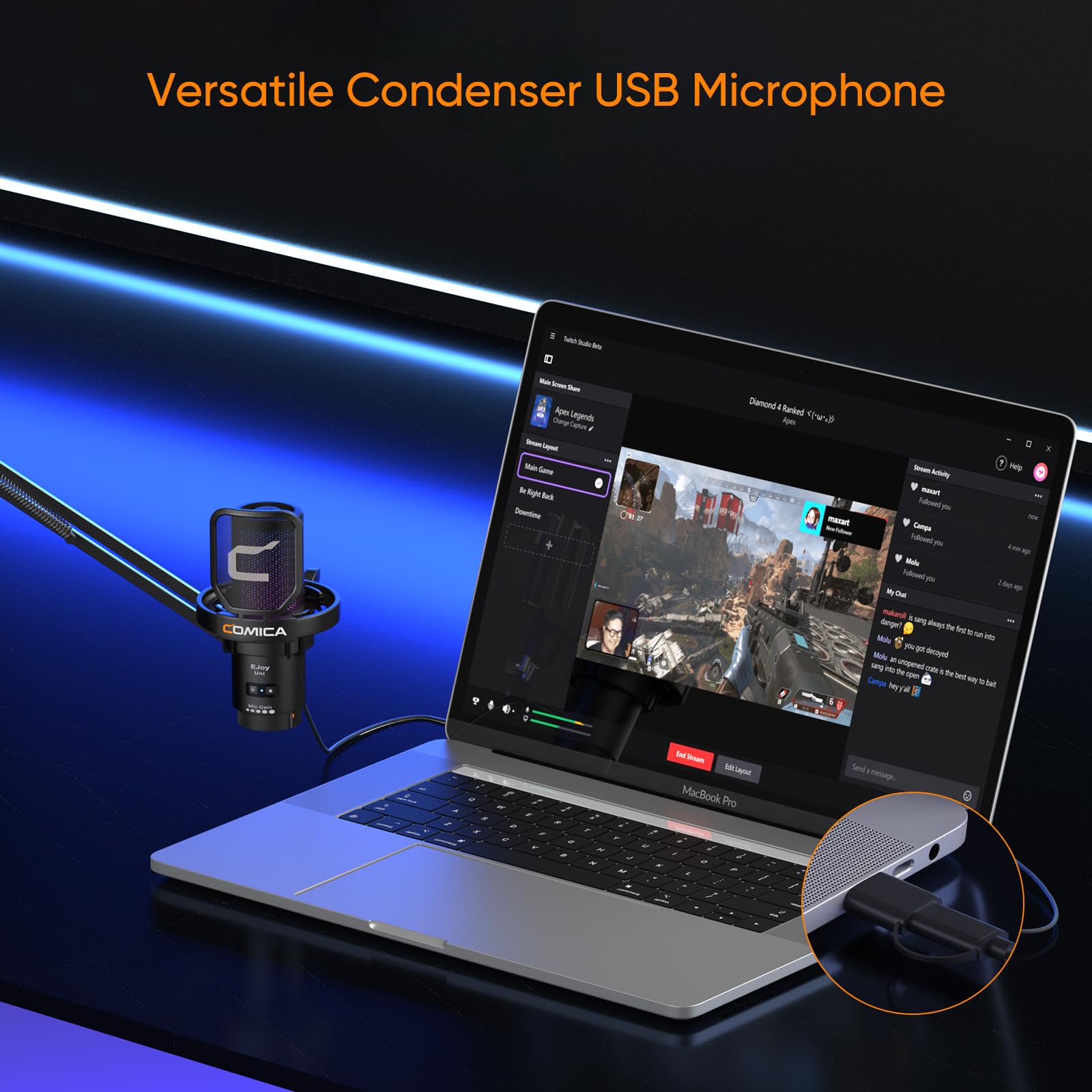 COMICA EJoy Uni - Condensador USB para juegos para PC, PS4, PS5, teléfono USB C y Mac, micrófono de computadora RGB con brazo Boom Arm para Twitch, streaming/podcasting/YouTube, micrófono de