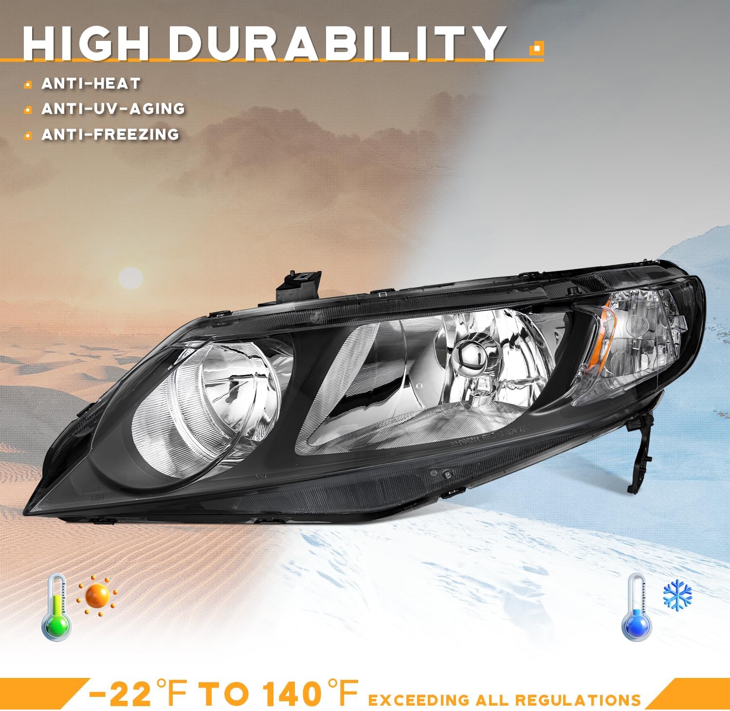 WEELMOTO for 06-11 Honda Civic 4-Door Headlights Replacement for Headlight Pair Headlamp Chrome Housing Amber Reflector Left+Right Side (Does NOT fit 2-Door Coupe models)