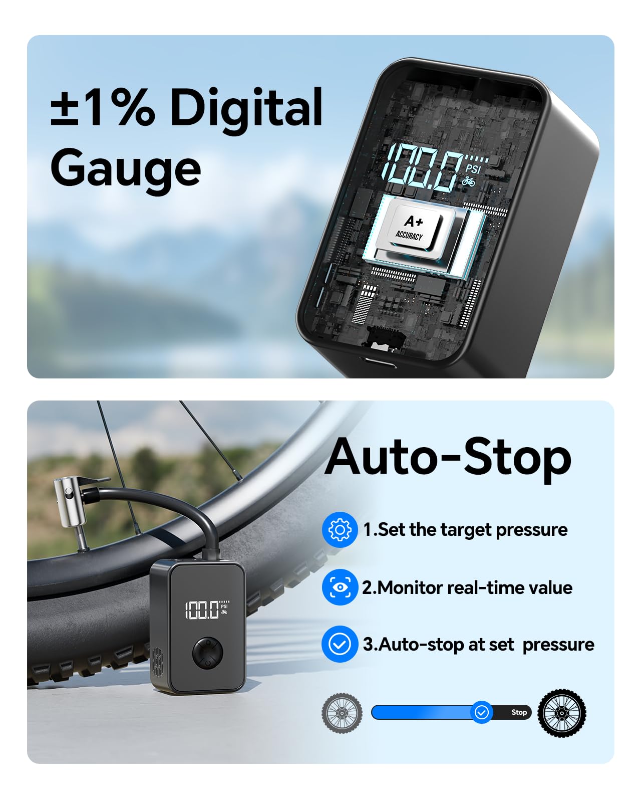 Gerbala Pompe à Vélo électrique Portable 130 PSI – Rechargeable 2800 MAh, écran Digital, Arrêt Auto, LED, Compatible Presta/Schrader