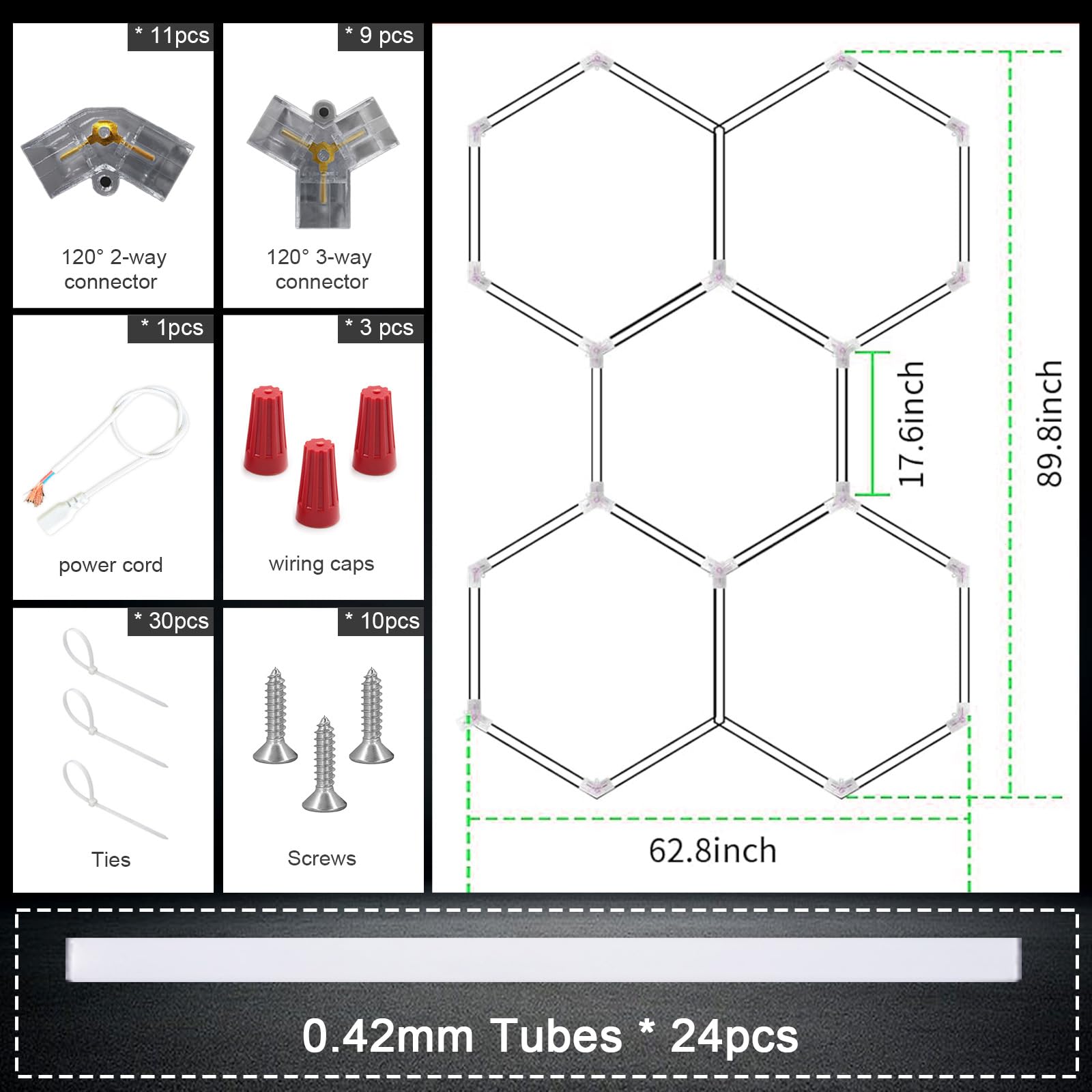 Plafoniera LED esagonale per garage-24pcs luci tubolari, super luminosa 192W 6500K, luci da soffitto LED collegabili per dettagli auto, magazzino, seminterrato, cura dell'auto, lavanderia (5-Hex)