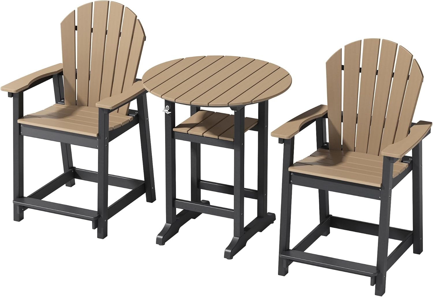 OTSUN Tall Adirondack Chairs Set of 3, Patio Bar Stool Chairs with one Table, 400lbs, Widened Arms, All-Weather Balcony Chair for Backyard, Garden (Black&Brown, 3 Sets)