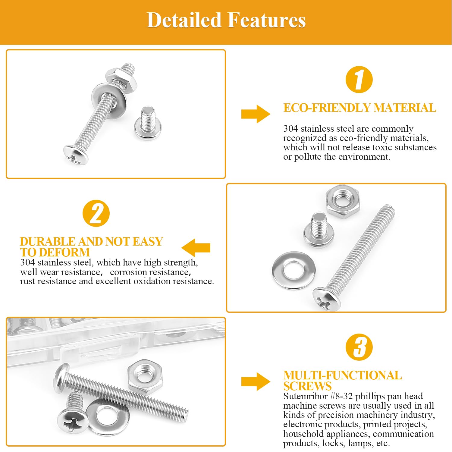 204 Pieces #8-32 x 1/4", 5/16", 3/8", 1/2", 5/8", 3/4", 1", 1-1/4", Phillips Pan Head Machine Screws Nuts Washers Assortment Kit