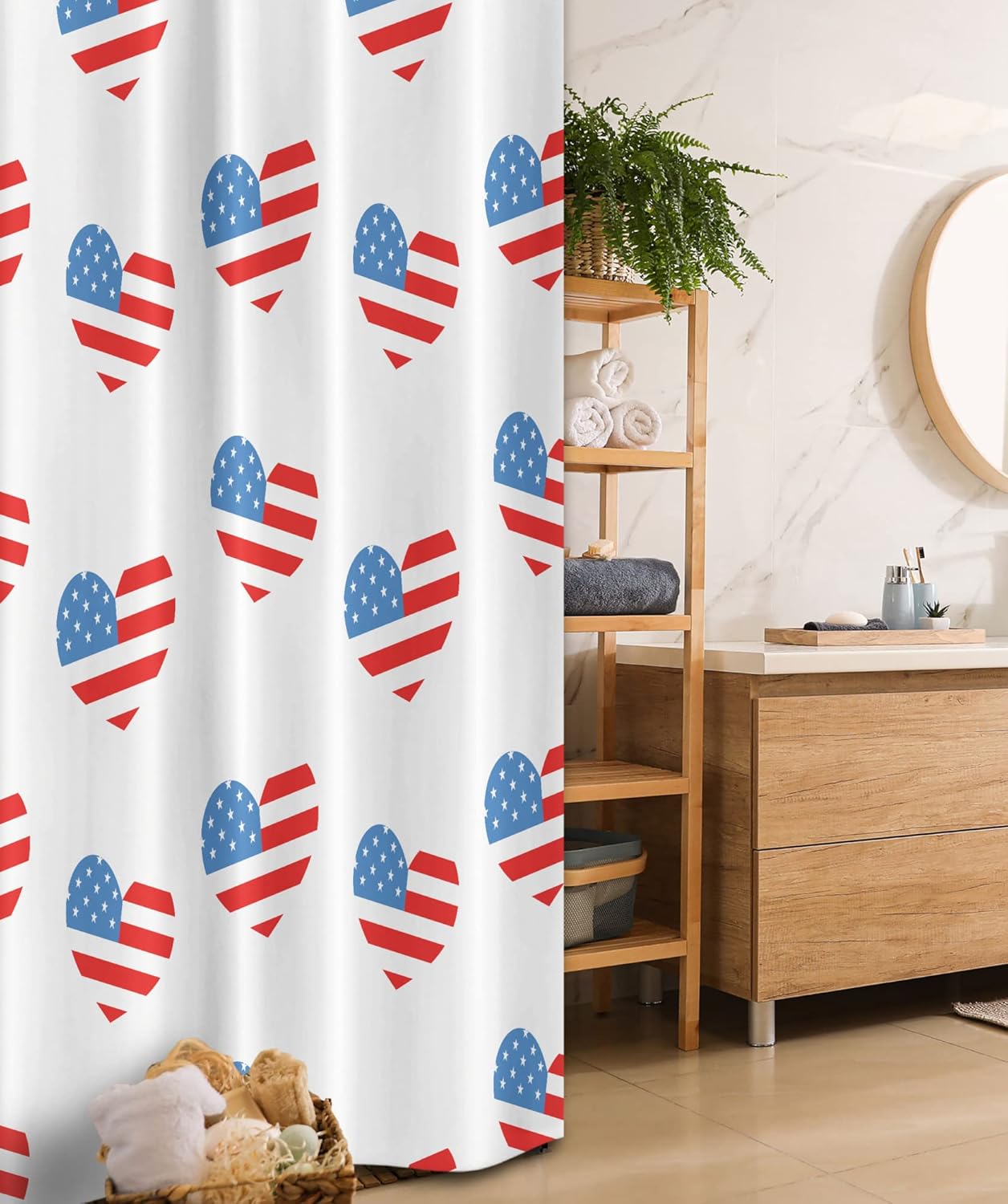 Ambesonne Americana Stall Shower Curtain, Hearts Independence Day of America Memorial Celebration Balloons Party, Fabric Bathroom Decor Set with Hooks, 36" W x 72" L, Vermilion Blue White