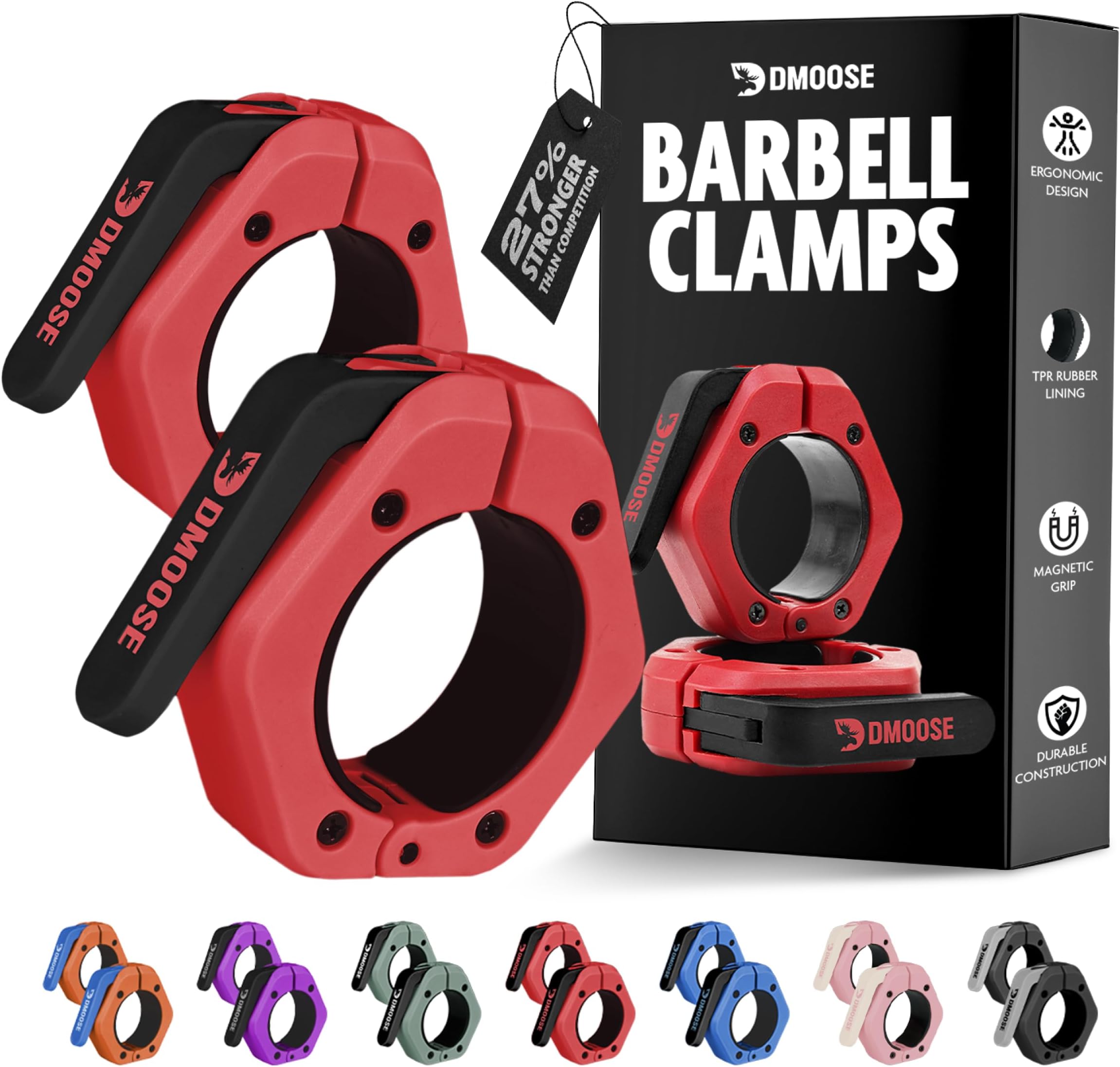 Barbell Clips 2" (Pair) - Quick Release Olympic Barbell Clamps with Anti Slip TPR Lining - Barbell Collars for Secure Weightlifting & Powerlifting, Weight Clips (Red & Black - Magnetic)