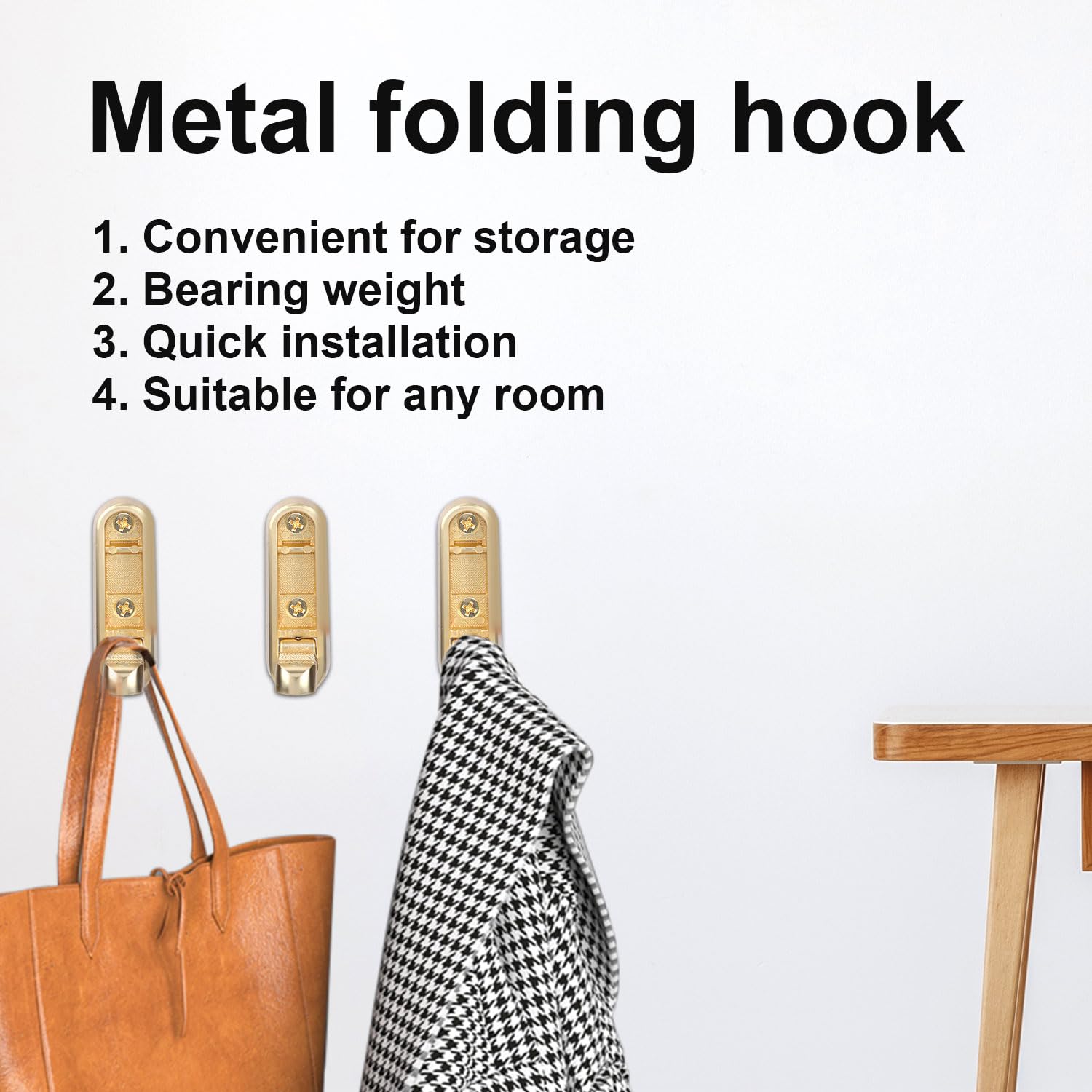 4-Pack Foldable Gold Wall Hooks - Heavy Duty Zinc Alloy Folding Hangers For Towels & Robes