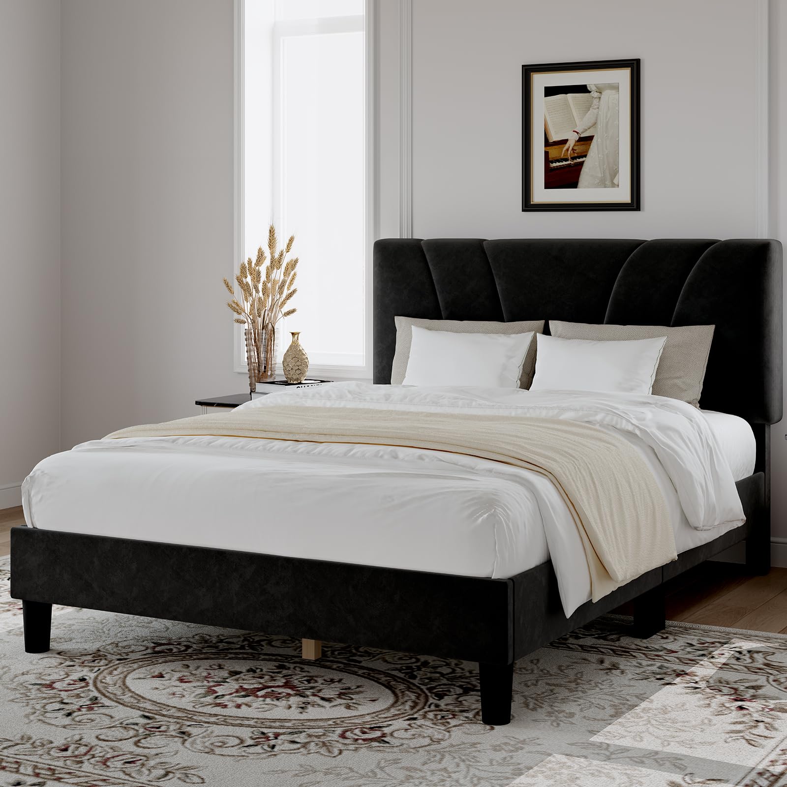 Condition photo showing Good Condition for Novilla Queen Bed Frame, Queen Size Bed Frame with Wooden Slats Support, Velvet Upholstered Headboard, No Box Spring Needed, Heavy Duty Feet, Easy Assembly, Black Velvet