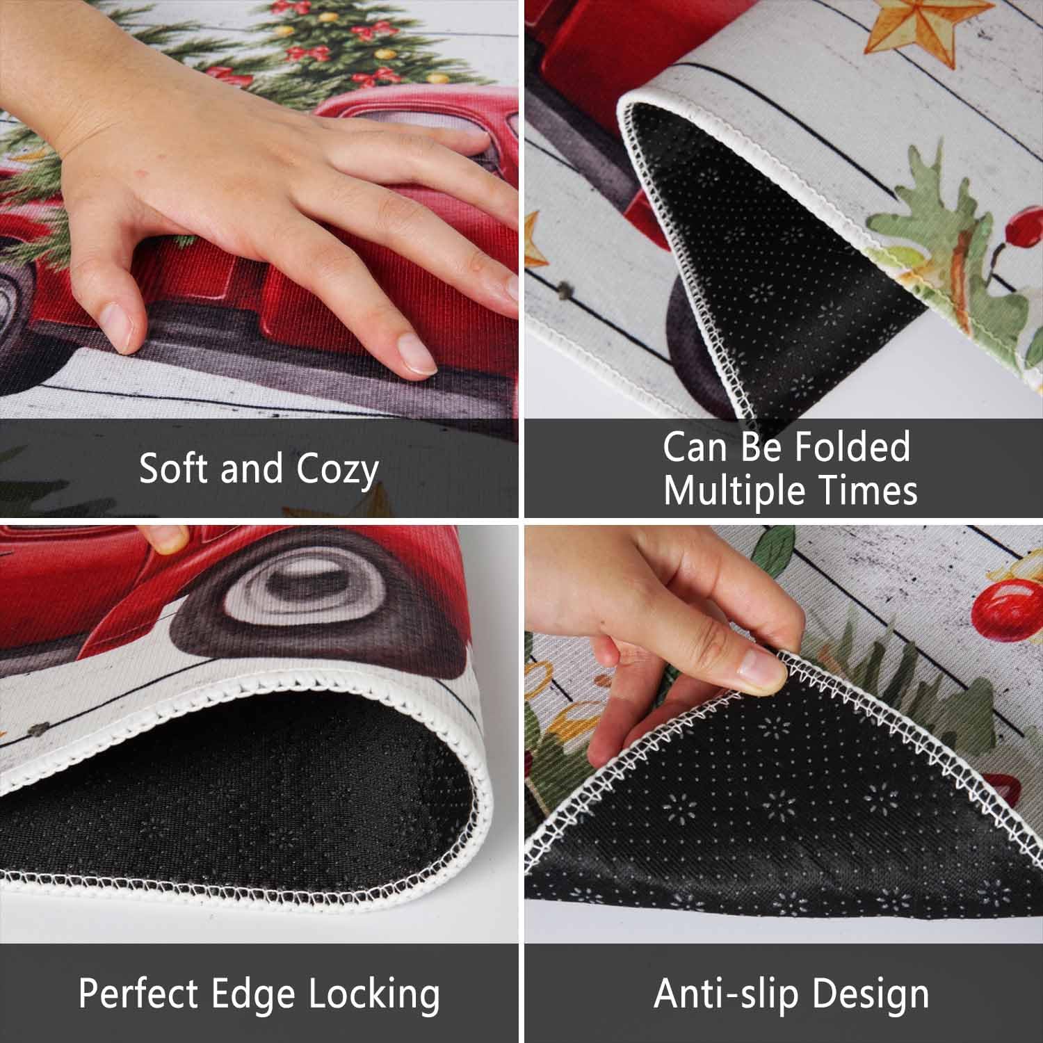 Kitchen Rugs and Mats Non Slip Washable Kitchen Mats for Floor Vintage Home Door Mat Sets of 2 Decorations 17"x30"+17"x47" Christmas Red Truck Kitchen Rugs