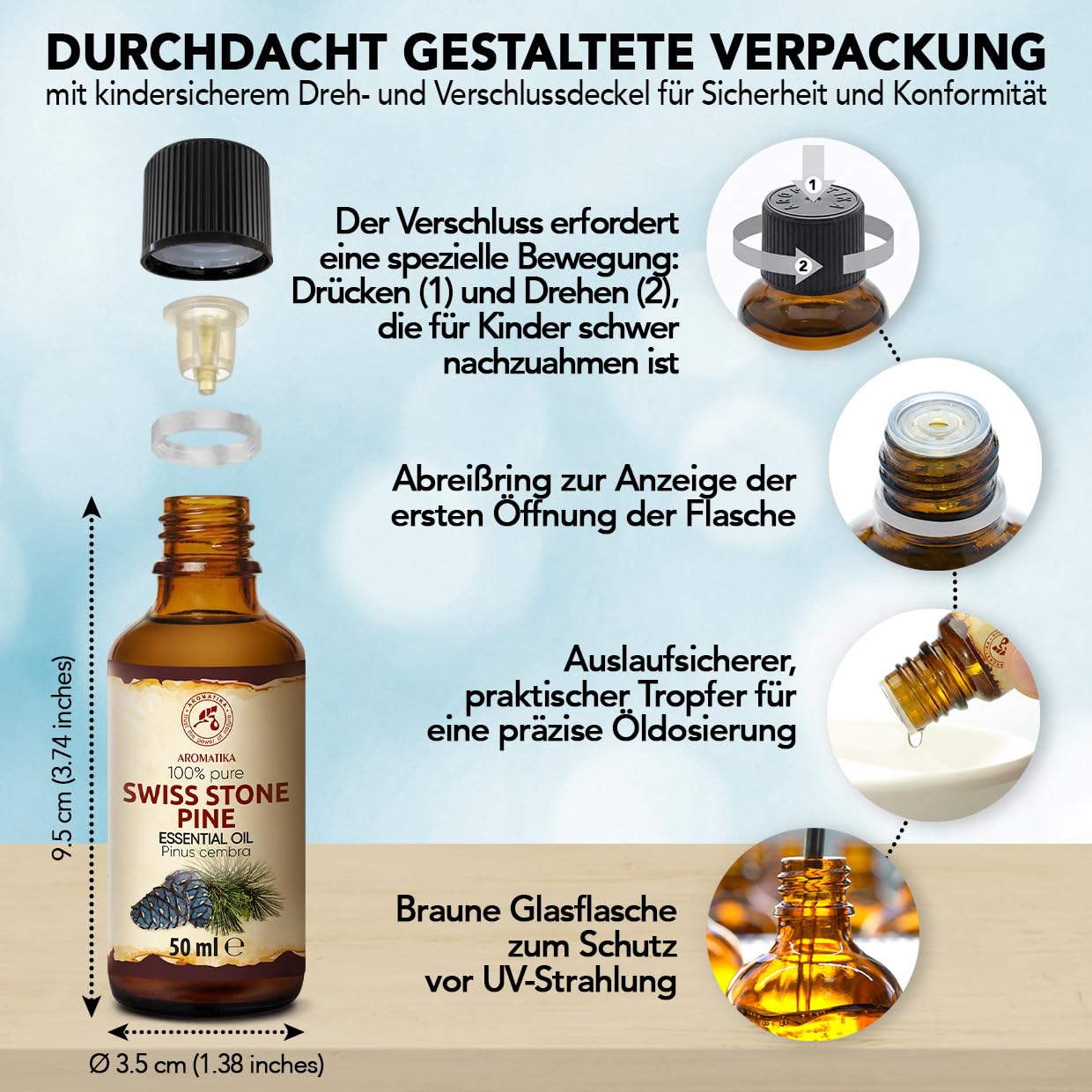 Zirbelkiefer Ätherisches Öl 50 ml - Pinus Cembra - Reines ätherisches Zirbenöl - für Diffusers und Duftlampen - Frisches Aroma - Aromakerze - Seife - Zirbenduft - Lufterfrischer