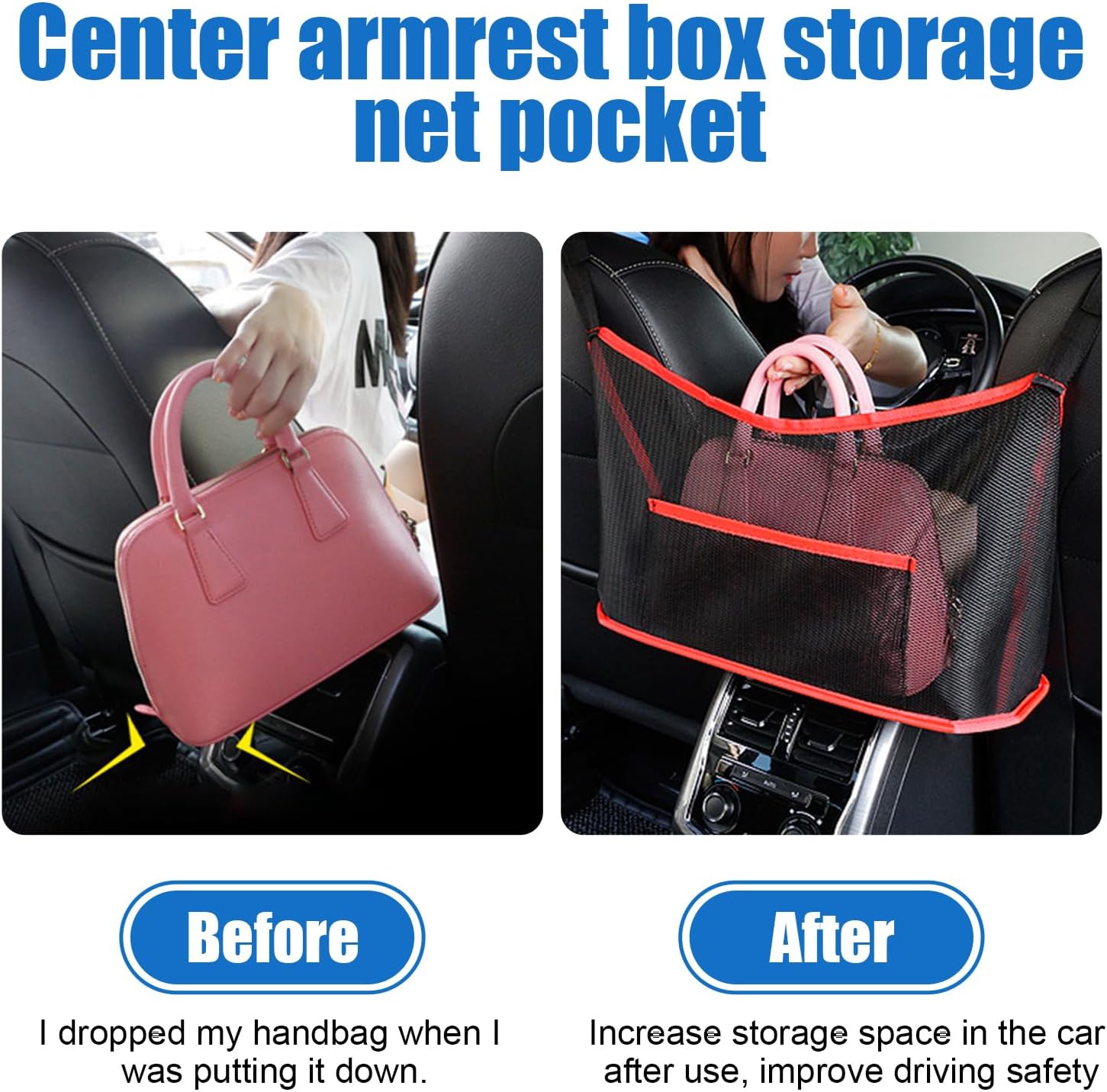 Ziciner 2 PCS Car Net Pocket Handbag Holder, Organizer Mesh Bag Between Two Seat, Driver Storage Netting Pouch for Handbag Purse, Barrier of Backseat Pet, Car Accessories for Women Men (Black & Red)