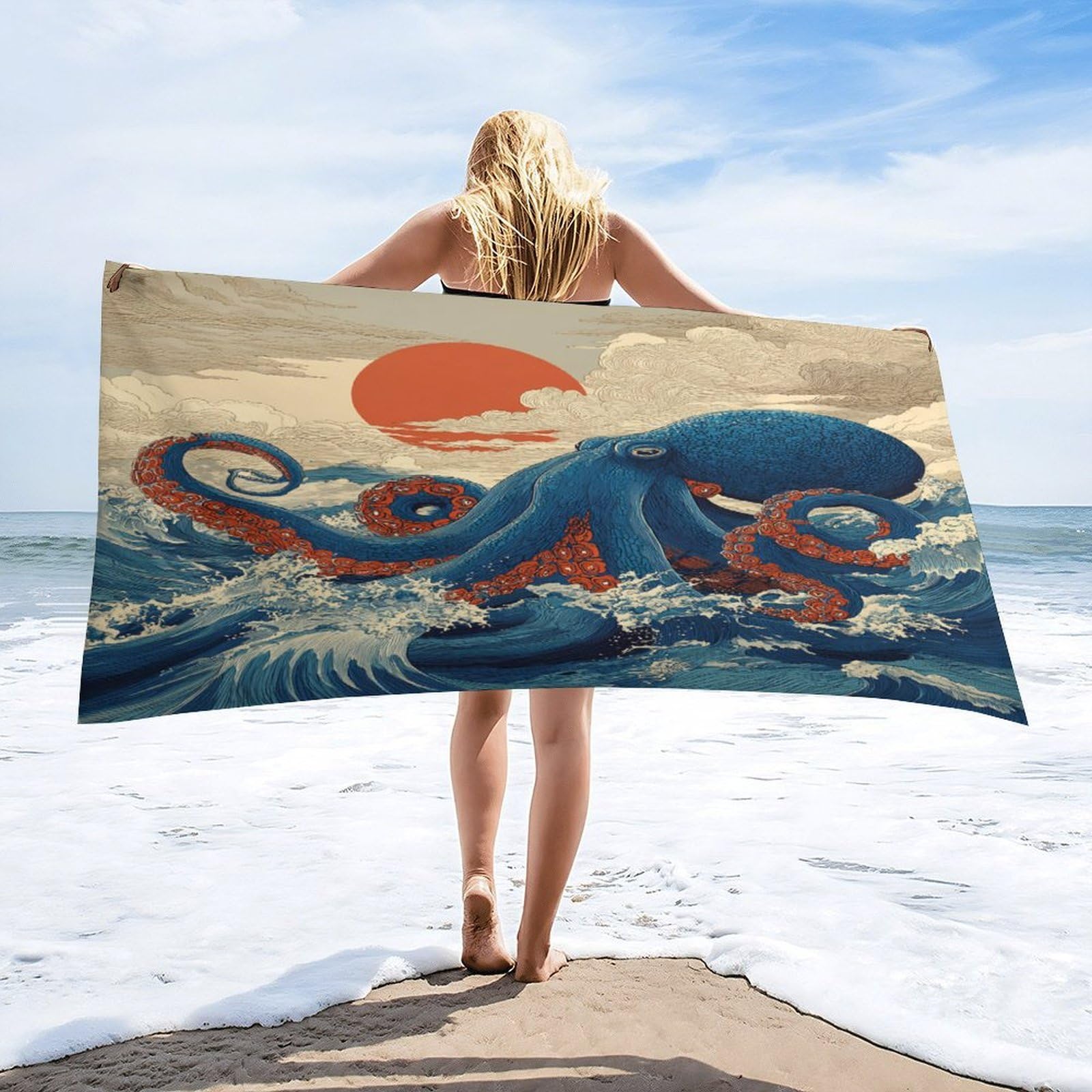 Luyysky Rustic Retro Octopus Quick-Drying Beach Towel, Vintage Nautical Japanese Red Sun Cloud Animal Octopus Ocean Waves Travel Vacation Single Sided Pile Bathroom Towels-80 W Cm X 160" L Cm