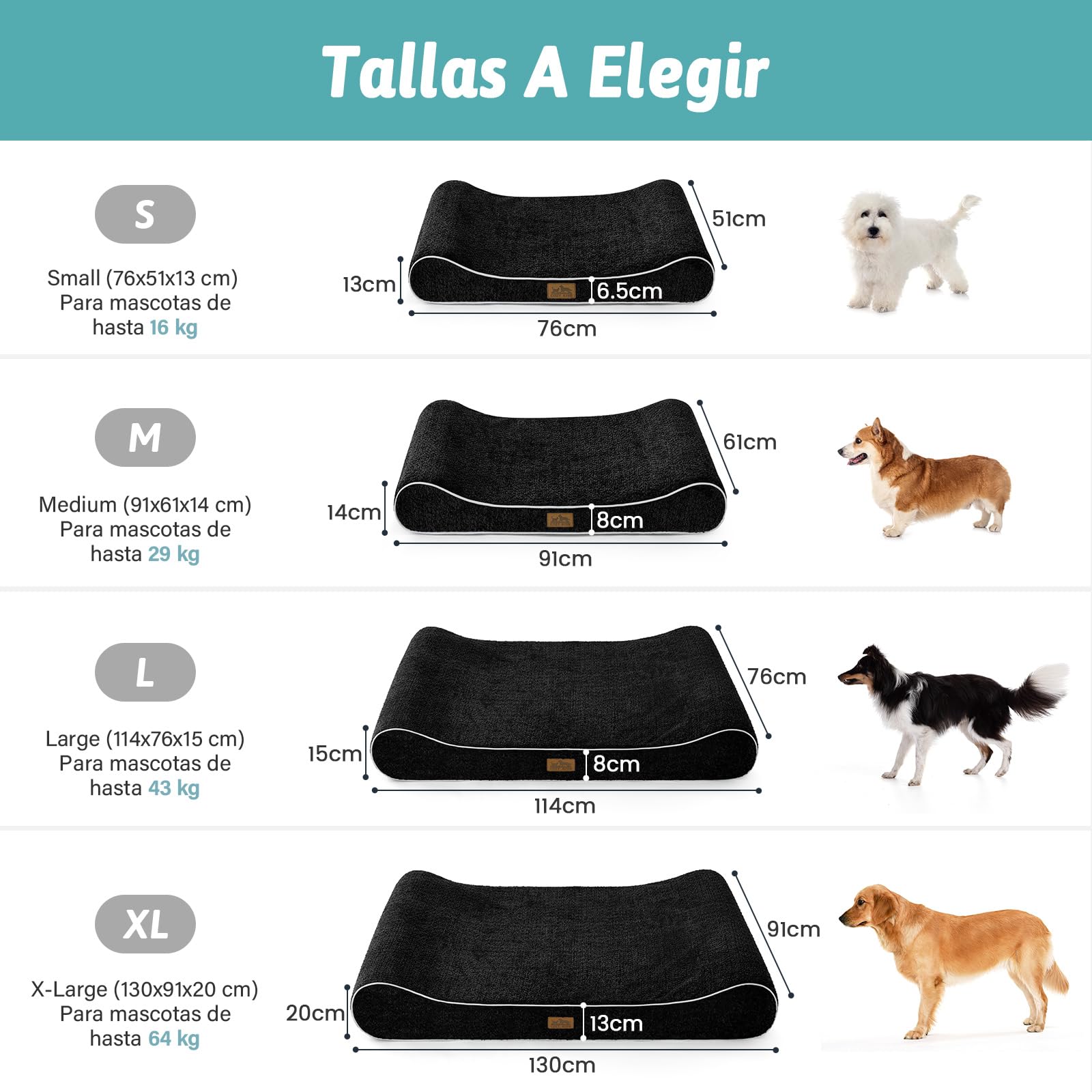 COZY KISS Cama para Perros Lavable, 129x91x20cm, con Borde Elevado - Colchón Ortopédico para Perros en Forma de Barco, Impermeable y Antideslizante, Adecuada para Mascotas hasta 64kg, Negro