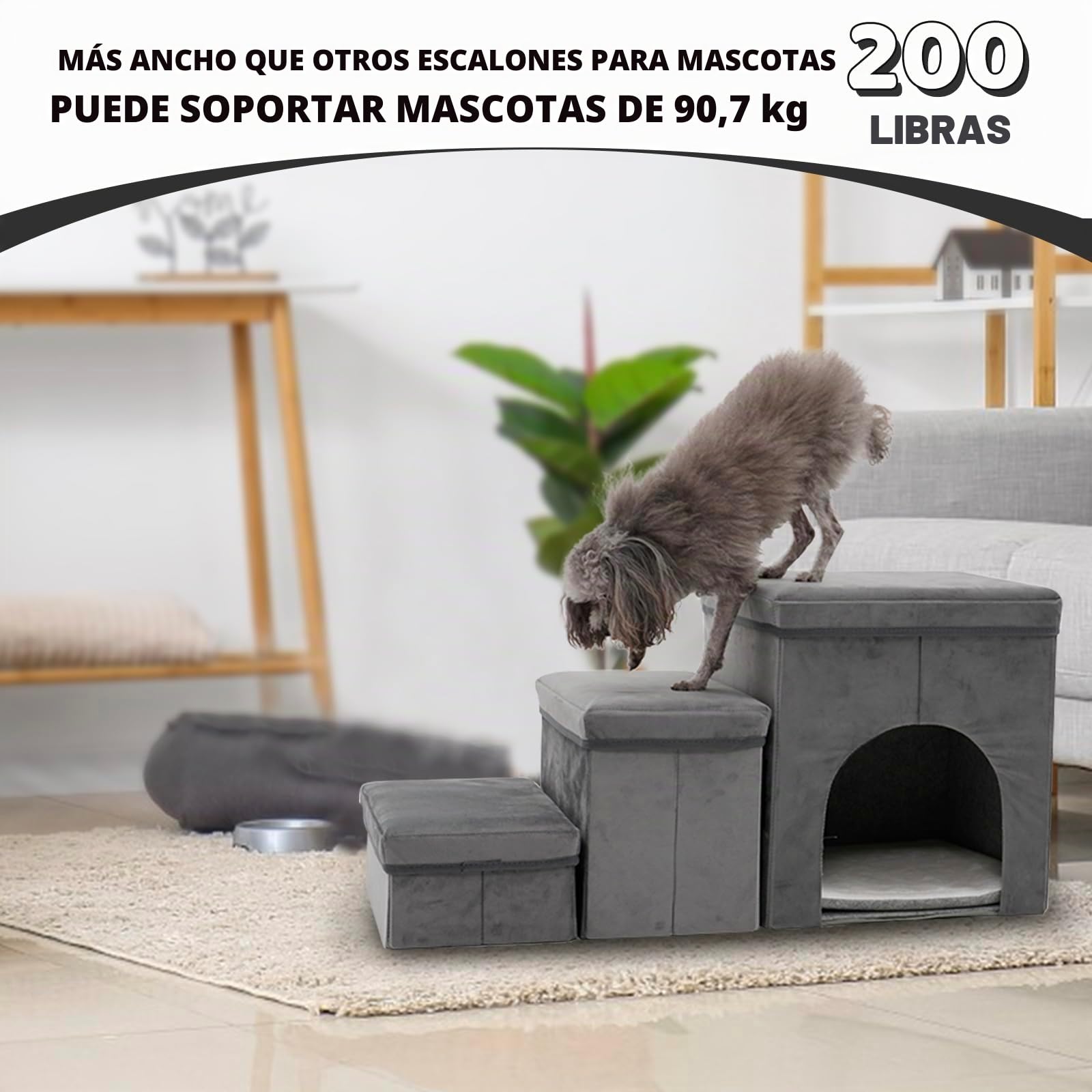 Escalera para Perros de 3 Niveles para Perros Pequeños,con Espacio de Almacenamiento para Cama,Sofá,40 cm de Alto,Escalera para Gatos Viejos,Esponja para Mascotas,Gris y Azul