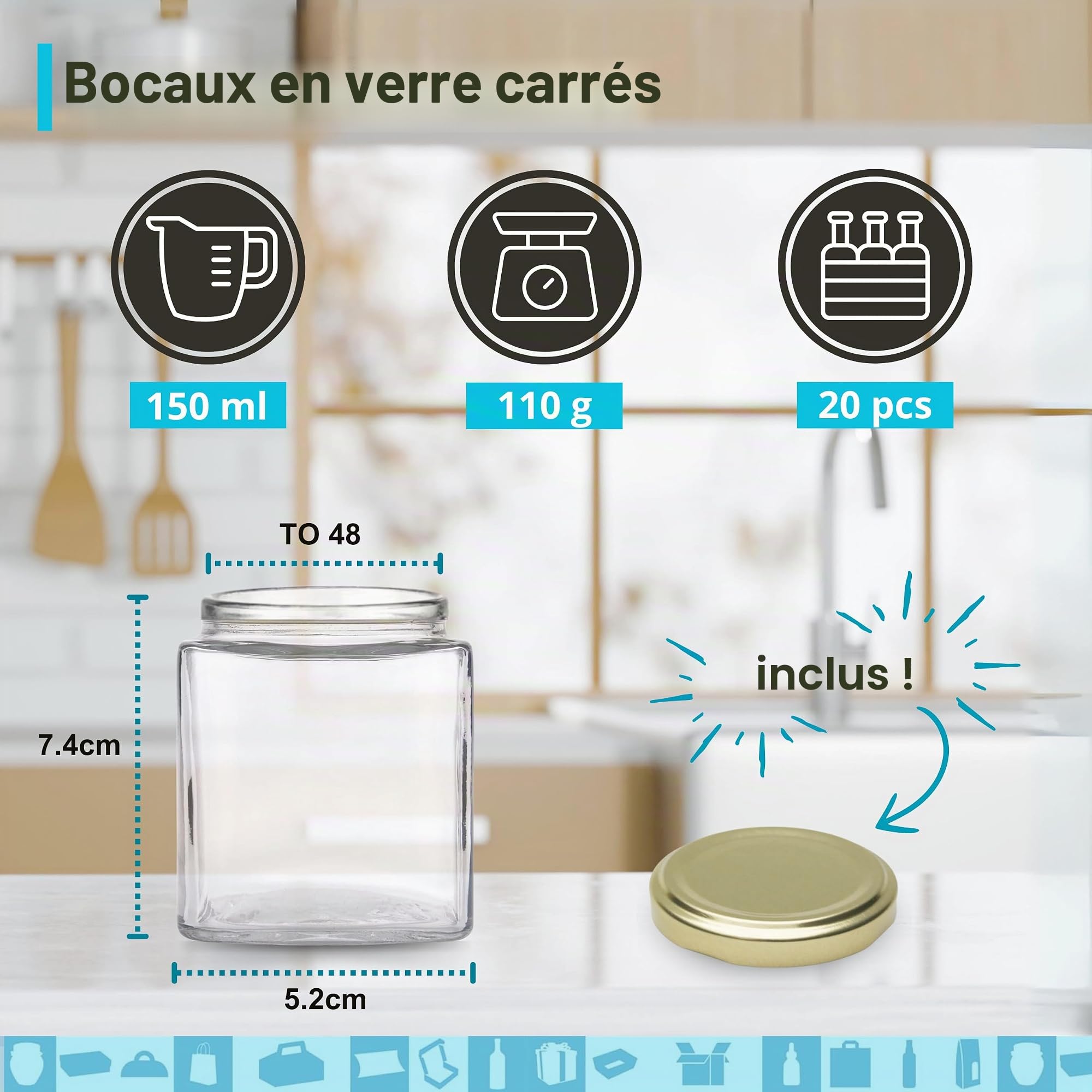 Espirito Rebelde Lot de 20 Pots en Verre Carrés 100 ml avec Couvercle Doré – Bocaux de Rangement pour Épices, Confiture et Yaourt | Cuisine Organisée
