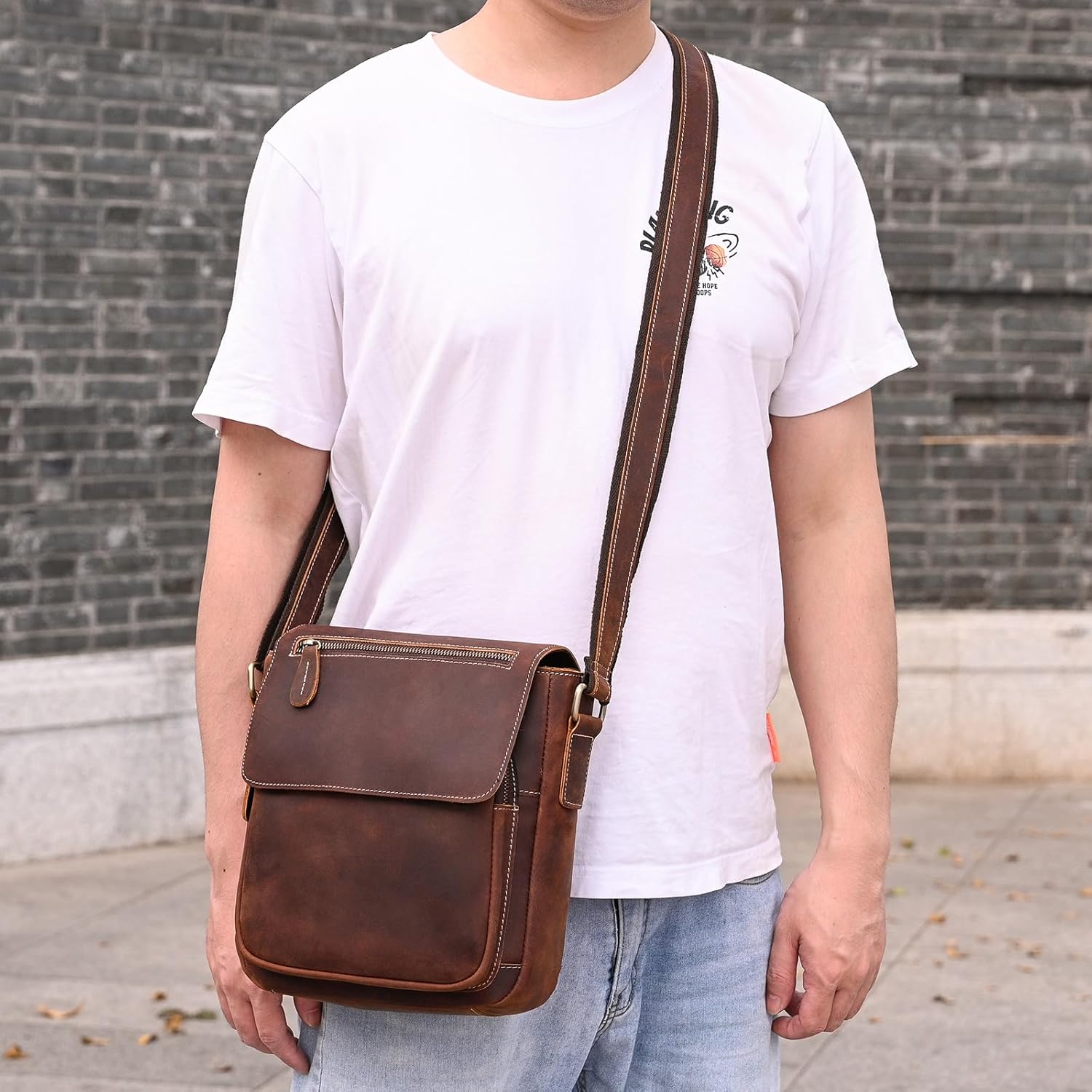 Men's Crossbody Bag Leather Small Messenger Shoulder Purse Side Satchel for Work Business Travel Casual