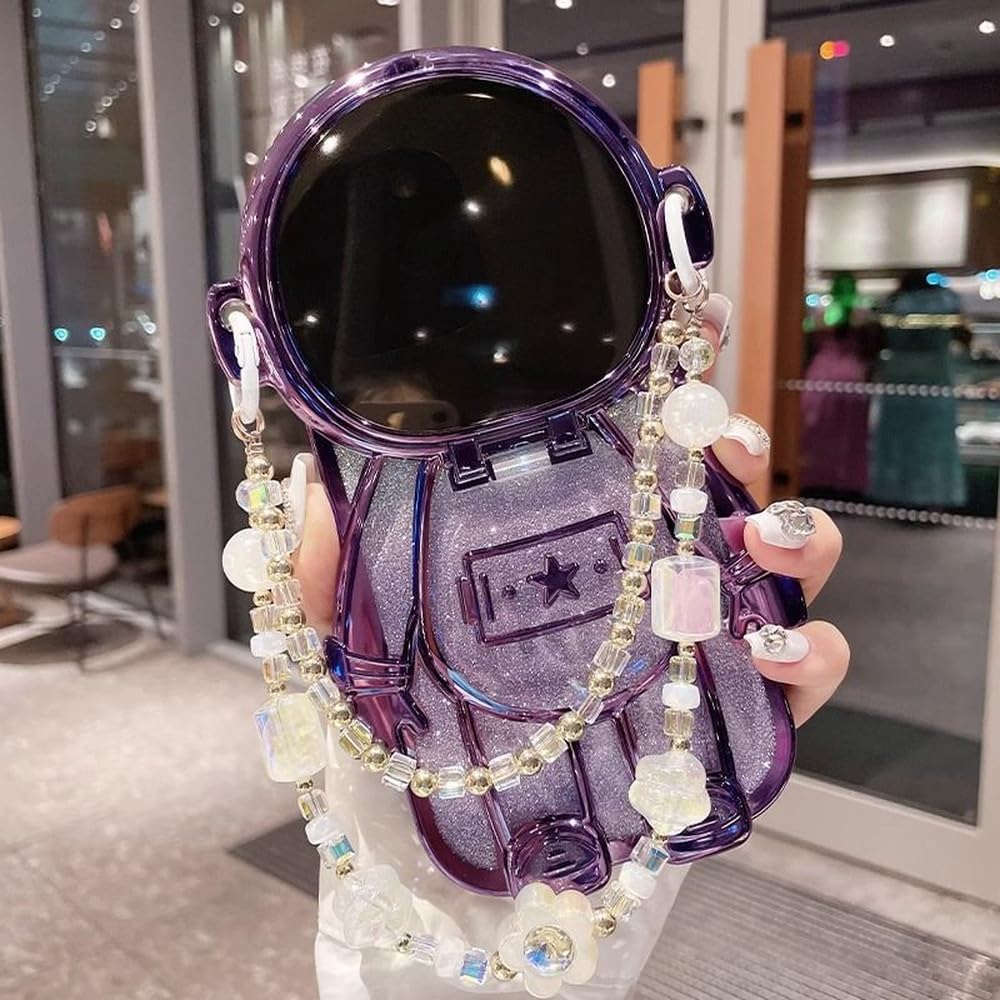 Estuche para teléfono con soporte para espejo de tocador y pulsera con diseño de muñeco astronauta para iPhone 15, 14, 13, 12 y 11, cubierta trasera de Pro Max Plus, azul, para iPhone 13 Pro Max