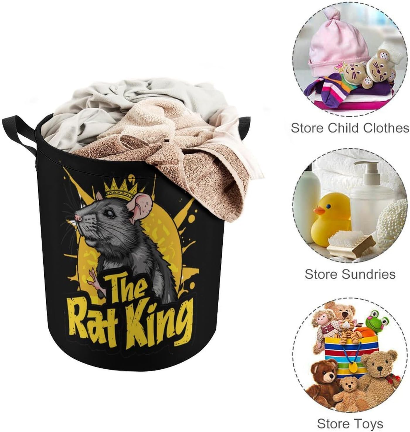 The Rat King Cute Laundry Basket Dirty Clothes Hamper Storage Laundry Bag with Handles for Dorm Room 44x35cm