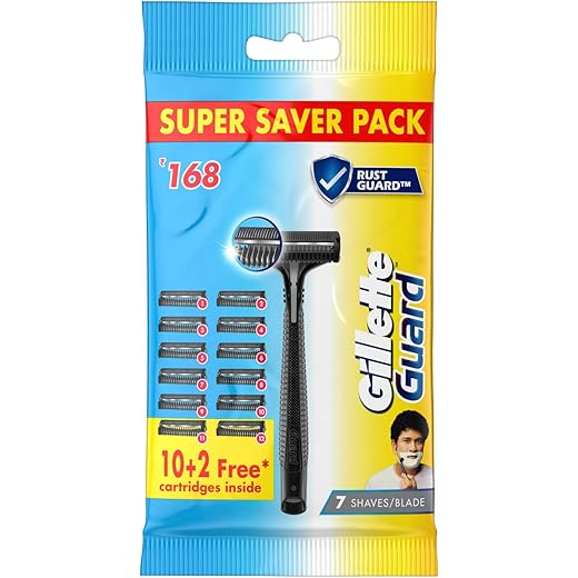 Gillette Guard Shaving Razor for Men (1 Razor with 12 blades) | Super Value Pack with upto 1 year of shaving | Safety comb and flexible head for a safe shave