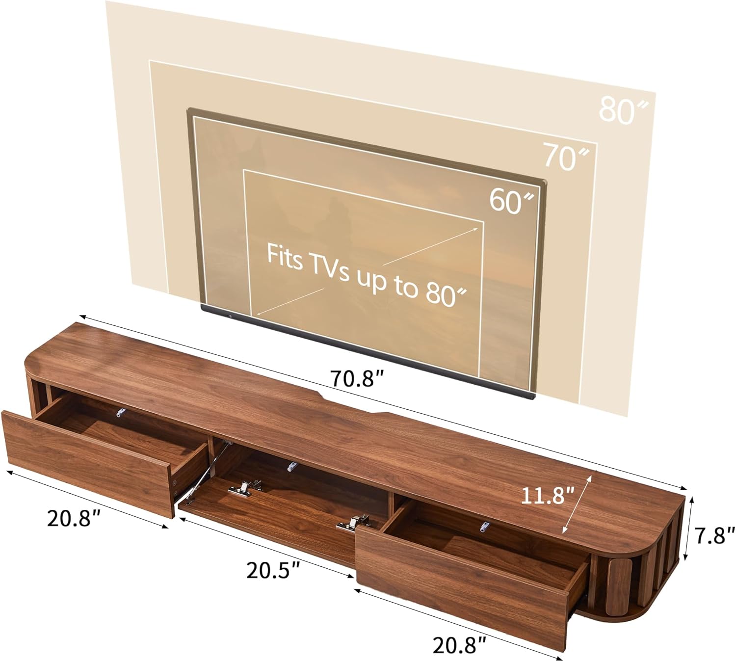Floating TV Stand Wall Mounted, 71" Modern Floating TV Shelf with Drawer,Extra Long Wall Mounted Cabinet for Living Room,Bedroom (Walnut) - Image 2