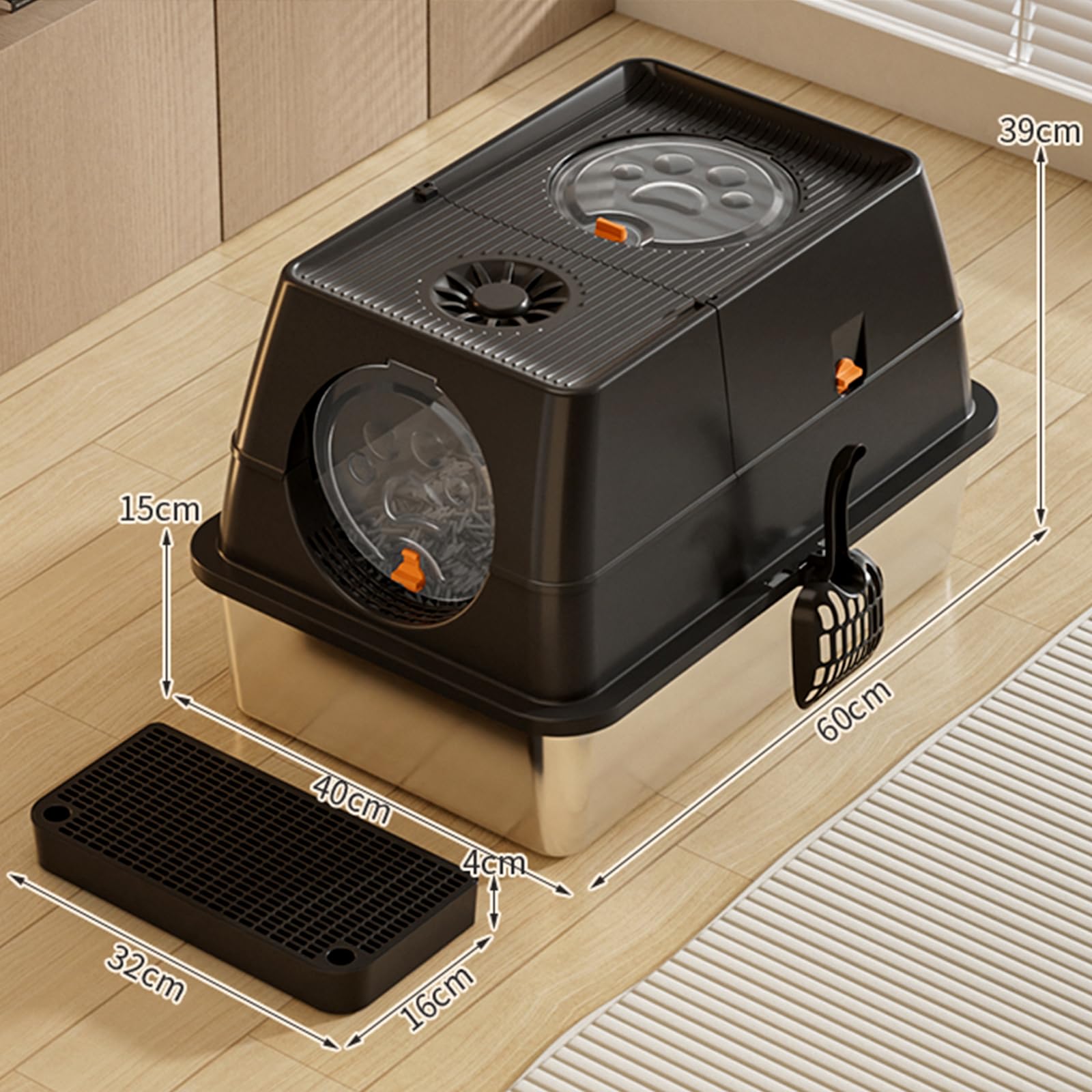 Caja de arena para gatos con acero inoxidable de alta cara con tapa, bandeja de arena de metal cerrada, bandeja de arena grande para gatos con pedal de filtro de arena y pala de arena