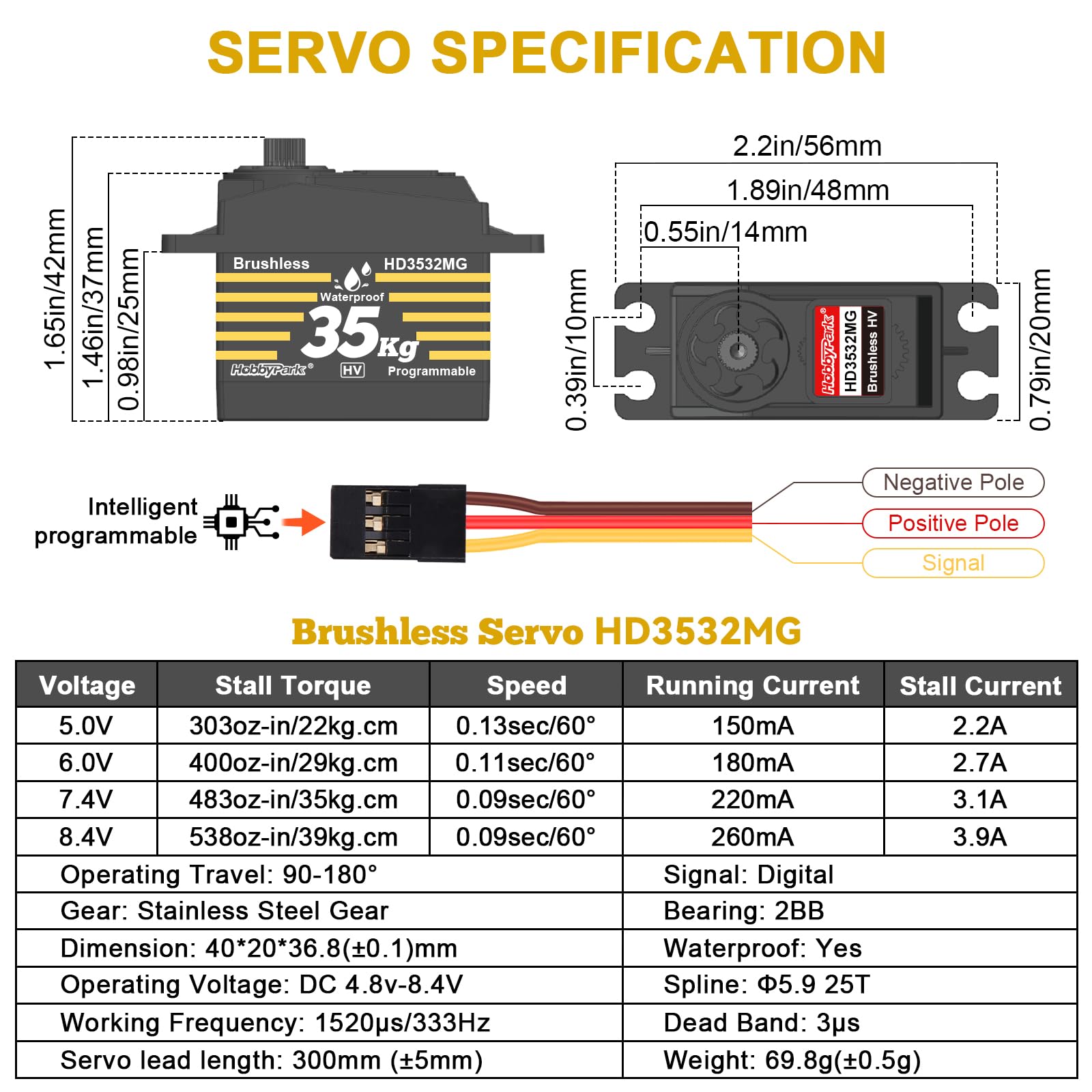 HobbyPark Impermeabile 35KG Alta Coppia Servo Brushless Motor Metal Gears Digital Servo Arduino Servo Programmabile per 1/8 1/10 1/12 RC Crawlers RC Camion RC Auto Buggy Robot FAI DA TE Angolo di
