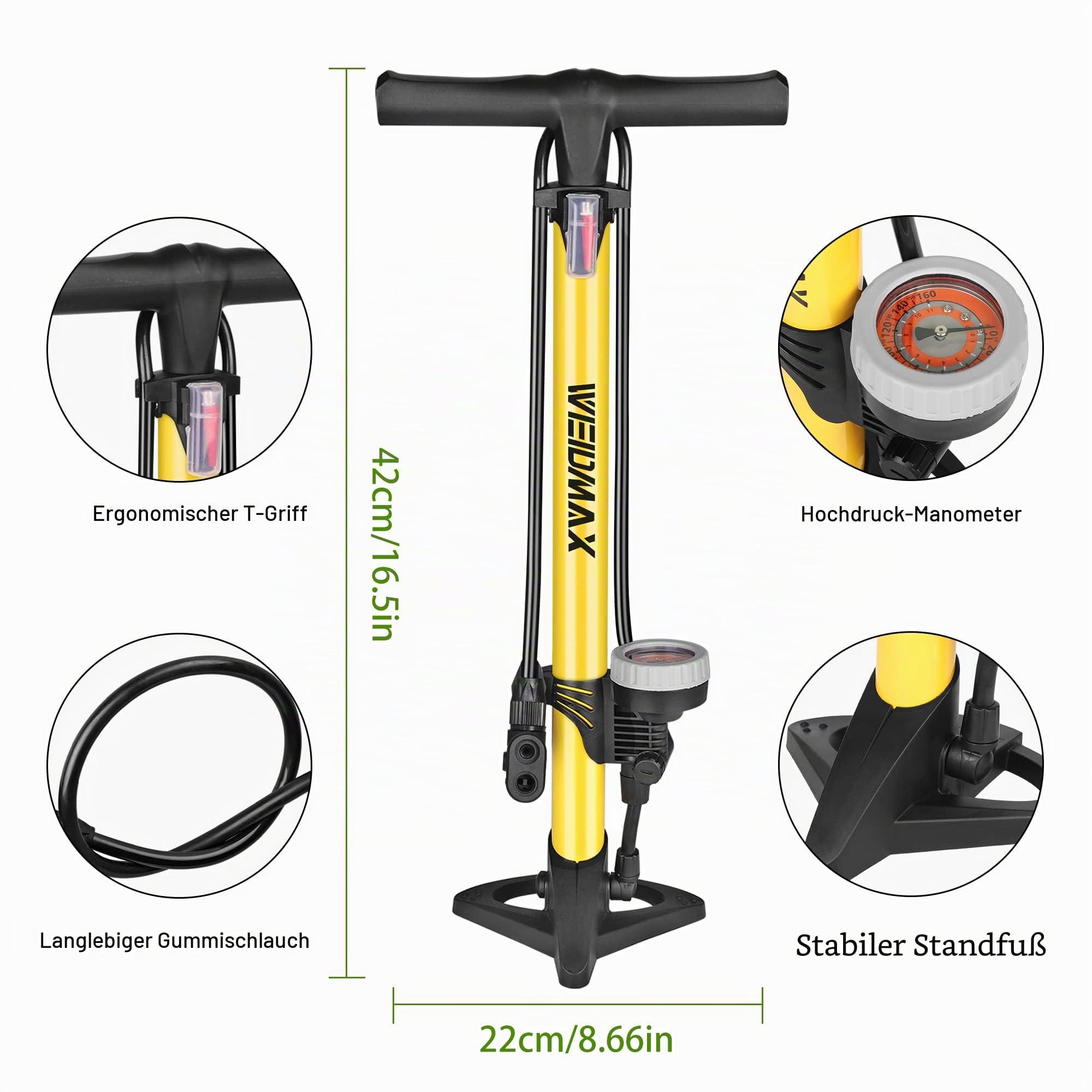 WEIDMAX Hochdruck Standpumpe Fahrradpumpe, Ergonomische Fahrradpumpe, Fahrrad-Reifenfüller, Tragbare Pumpe mit Messgerät und Intelligentem Ventilkopf, 160 psi