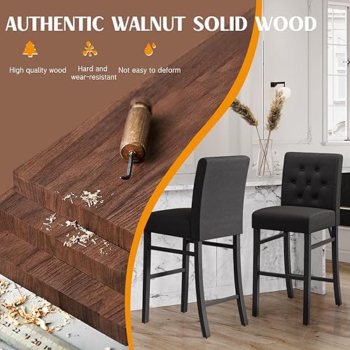 Miniatura 4 de Juego de 2 taburetes de bar de lino beige, diseño ergonómico con marcos de madera resistentes, ideales para cocina, comedor, bares, oficinas