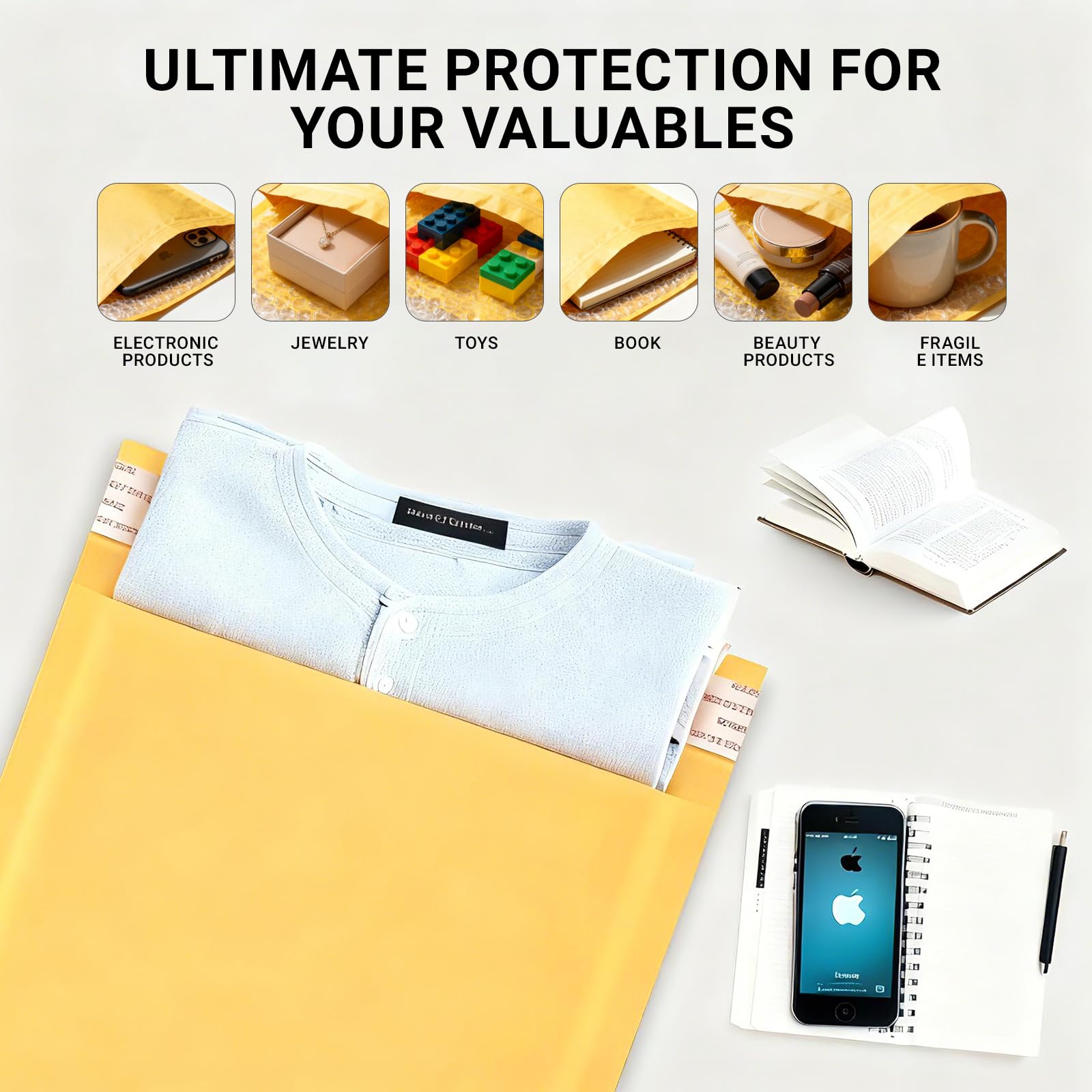LULUPACK Sobres de burbujas de papel kraft amarillo de 10.5 x 15 pulgadas, bolsa de burbujas grande, sobres acolchados ligeros, sobres de correo autoadhesivos, paquete de 50 unidades