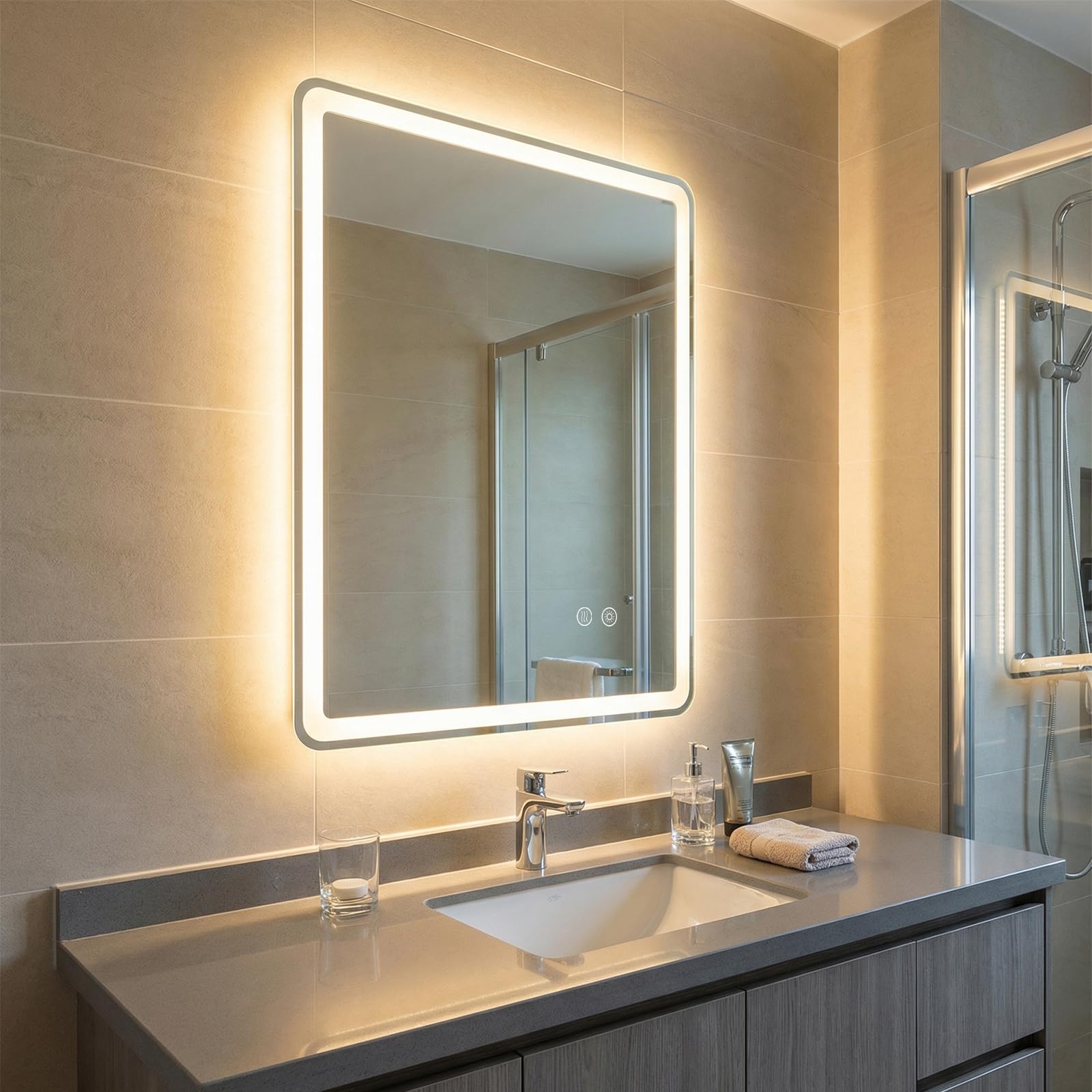 COSTWAY Specchio Bagno Rettangolare con Luce 80 x 60 cm | Speccho da Parete Retroilluminato Dimmerabile con 3 Colori di Illuminazione e Anti-Appannamento, Vetro Temperato Antiesplosio