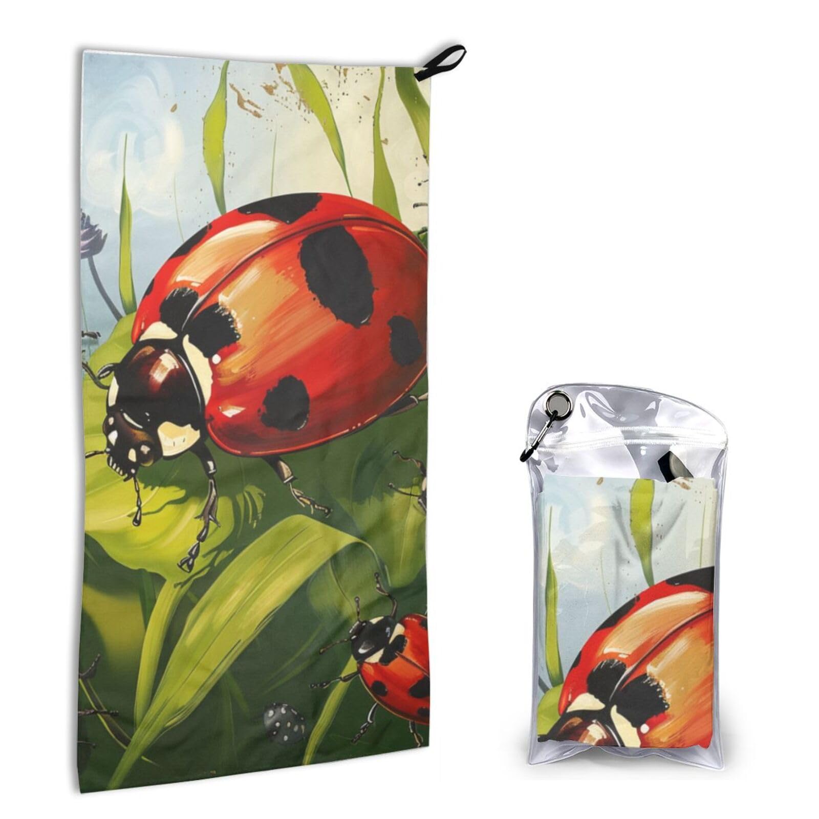 BWWHCCTI Quick Dry Hand Towel With Bag - Ladybug Printed Super Absorbent Face Cloth Microfiber Travel Sports Towels 40x80cm